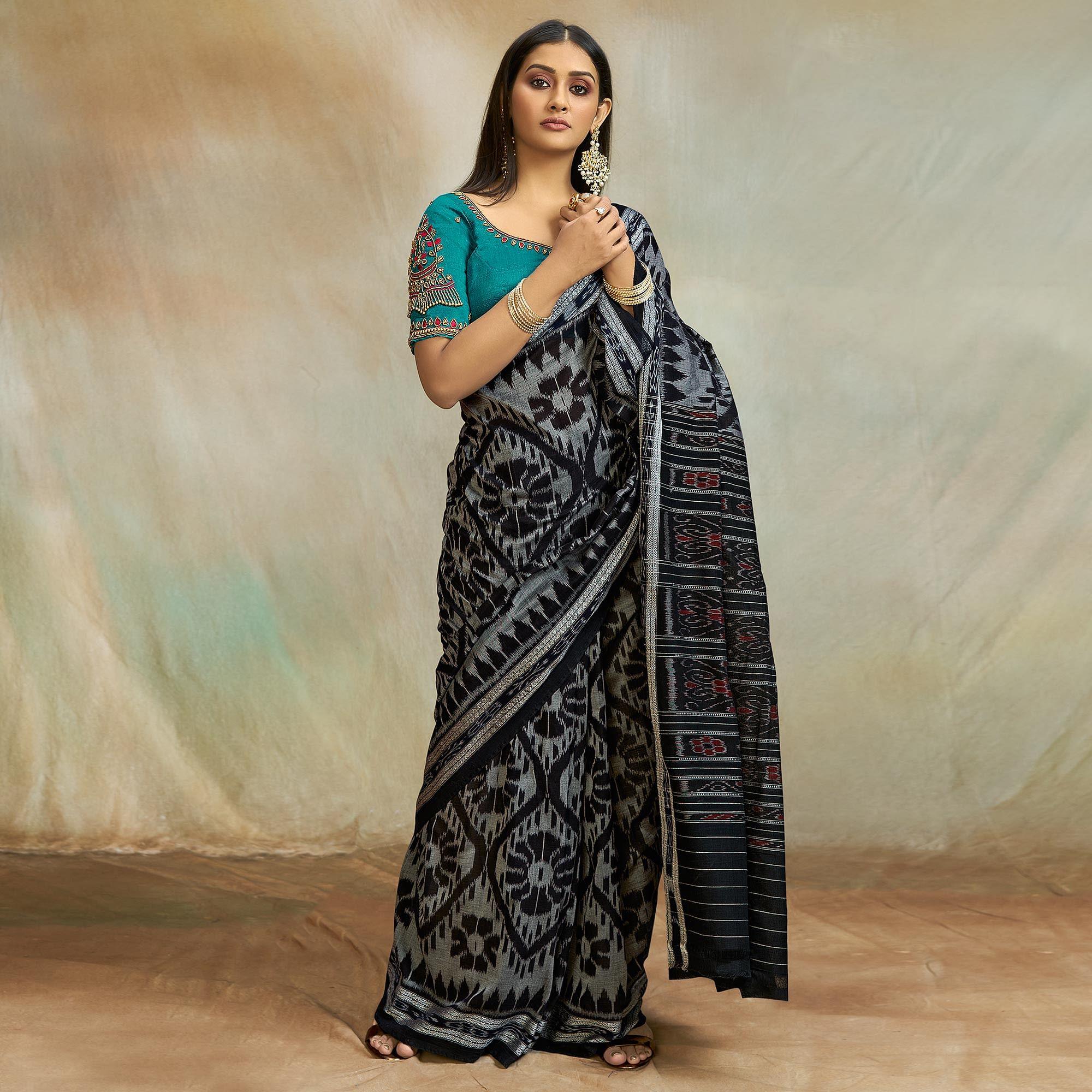 Peachmode Grey-Black Casual Wear Ikkat Printed Mul Mul Cotton Saree