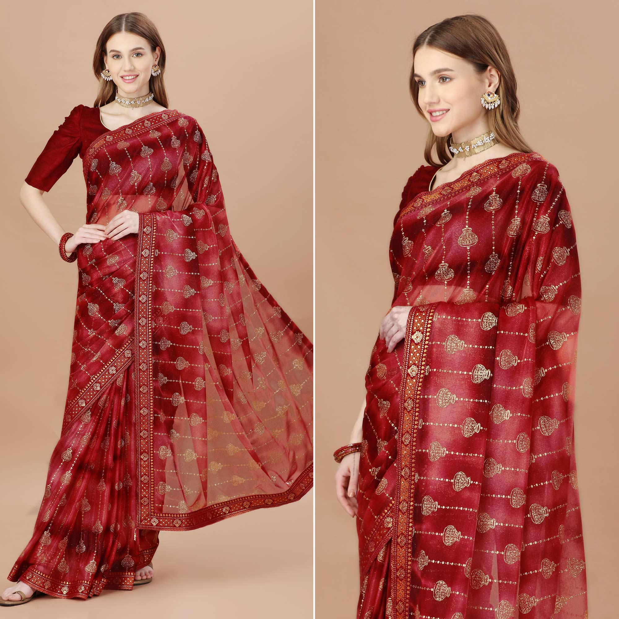 Peachmode Maroon Foil Printed Lycra Saree With Lace Border