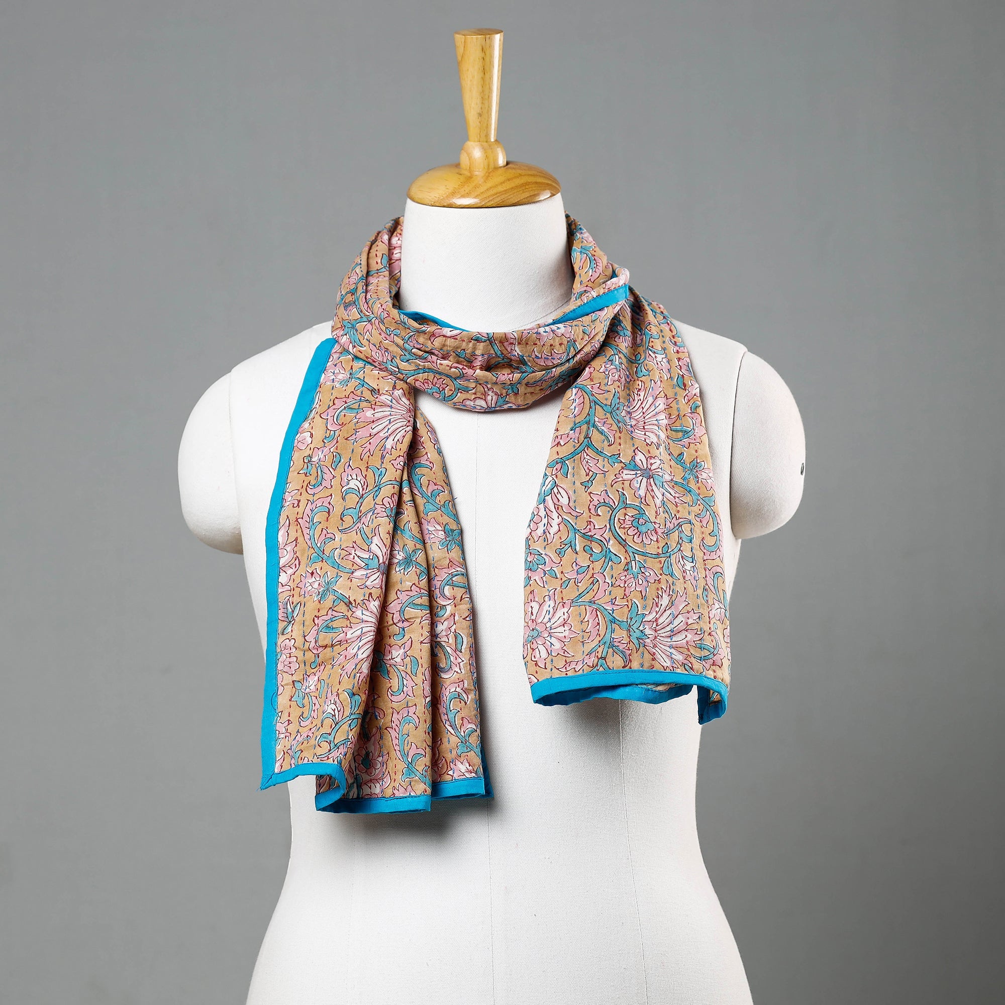 ARTISAN HAND BLOCK PRINTS Beige - Sanganeri Block Printed Tagai Work Cotton Stole