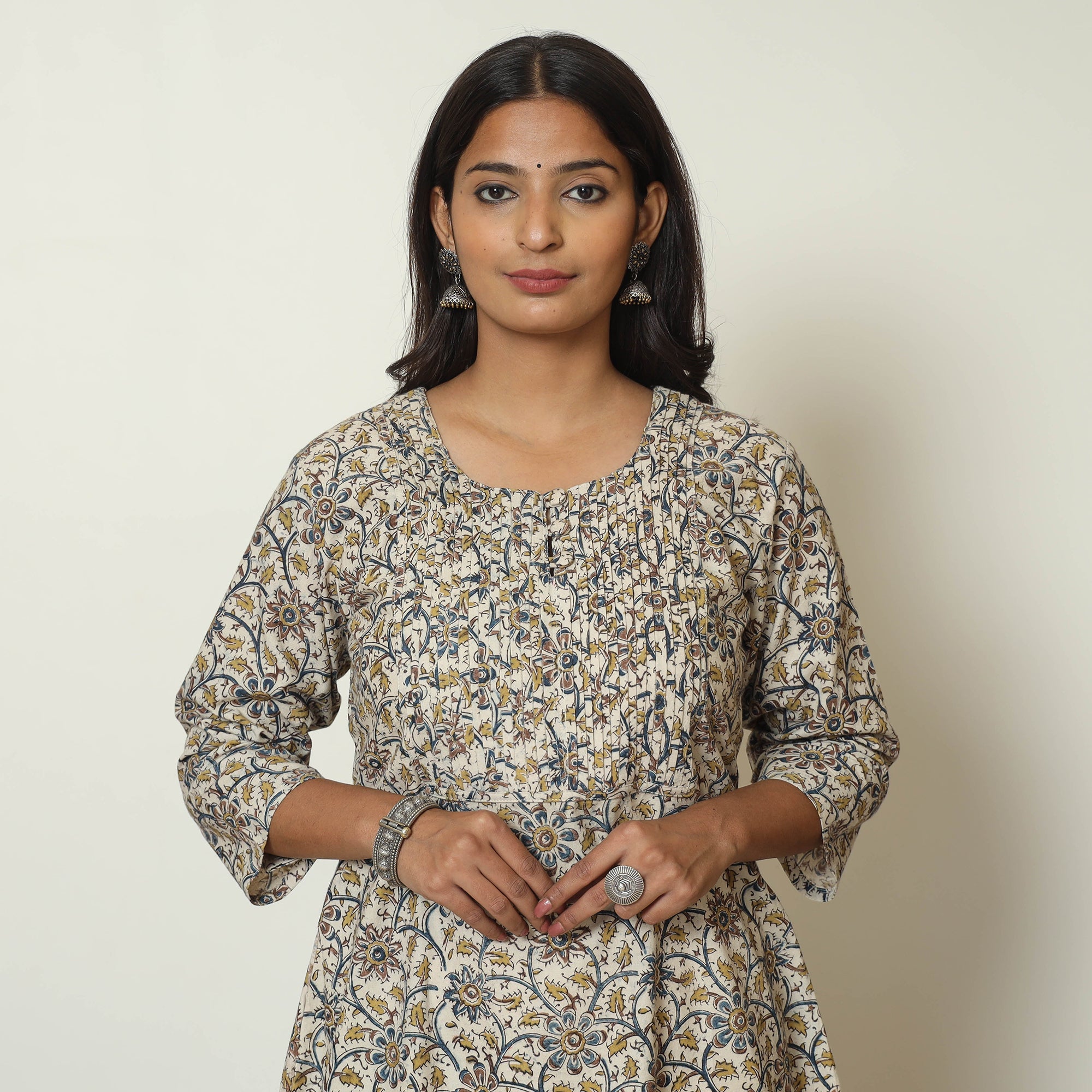 ITOKRI CASUALS Beige - Pedana Kalamkari Hand Block Printed Cotton Pintuck A-Line Kurta 56