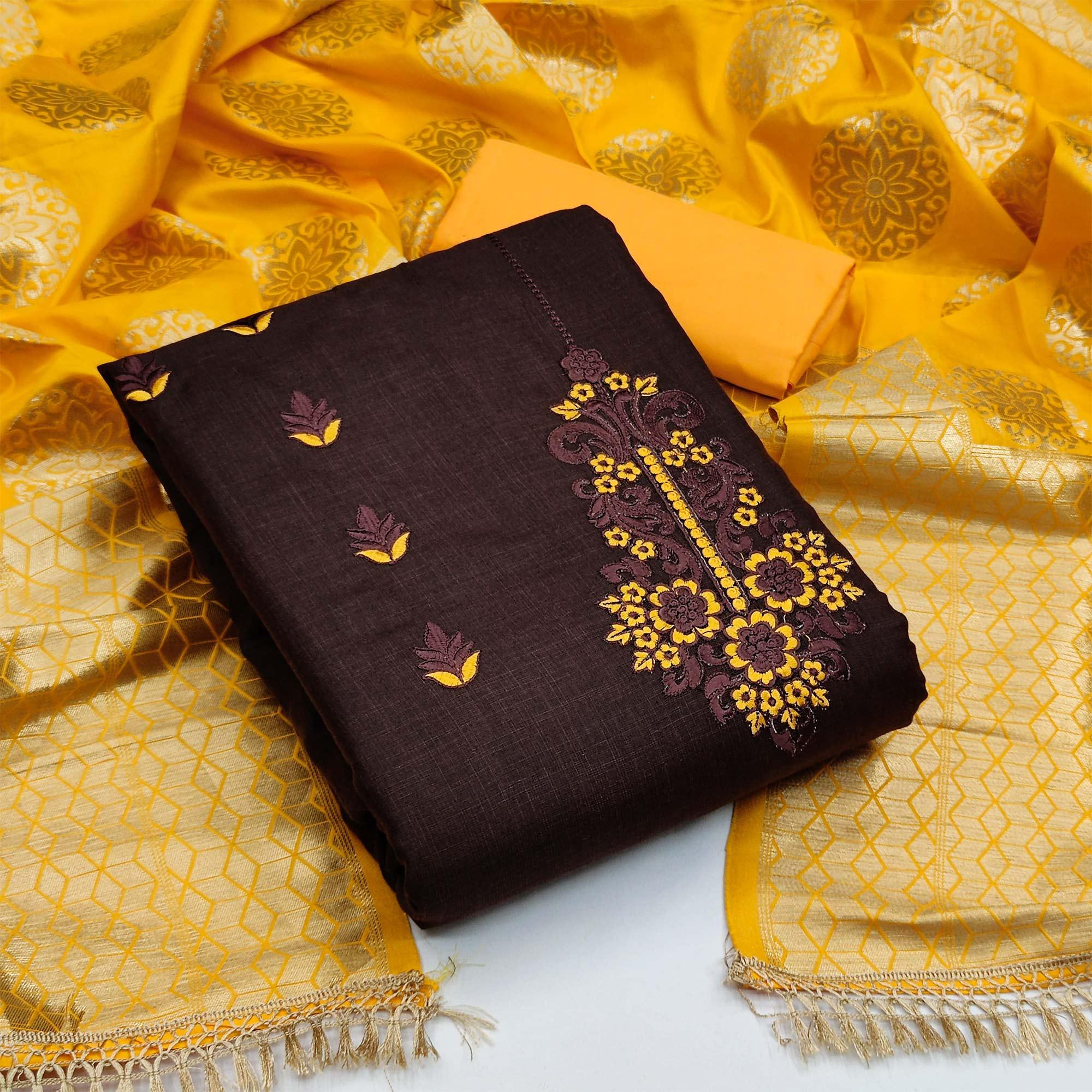 Peachmode Coffee Festive Wear Embroidered Cotton Dress Material