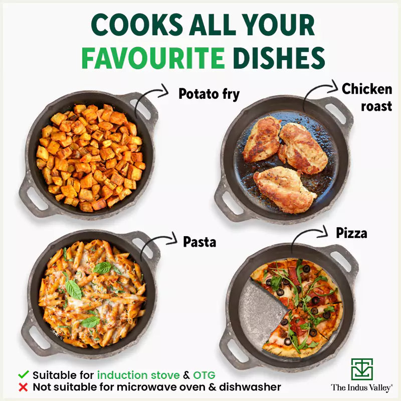The Indus Valley CASTrong Cast Iron Fry Pan, 2 Handles, Pre-seasoned, Nonstick, 100% Pure, Toxin-free, Induction, 24.6cm, 1.8L, 2.6kg - view 11