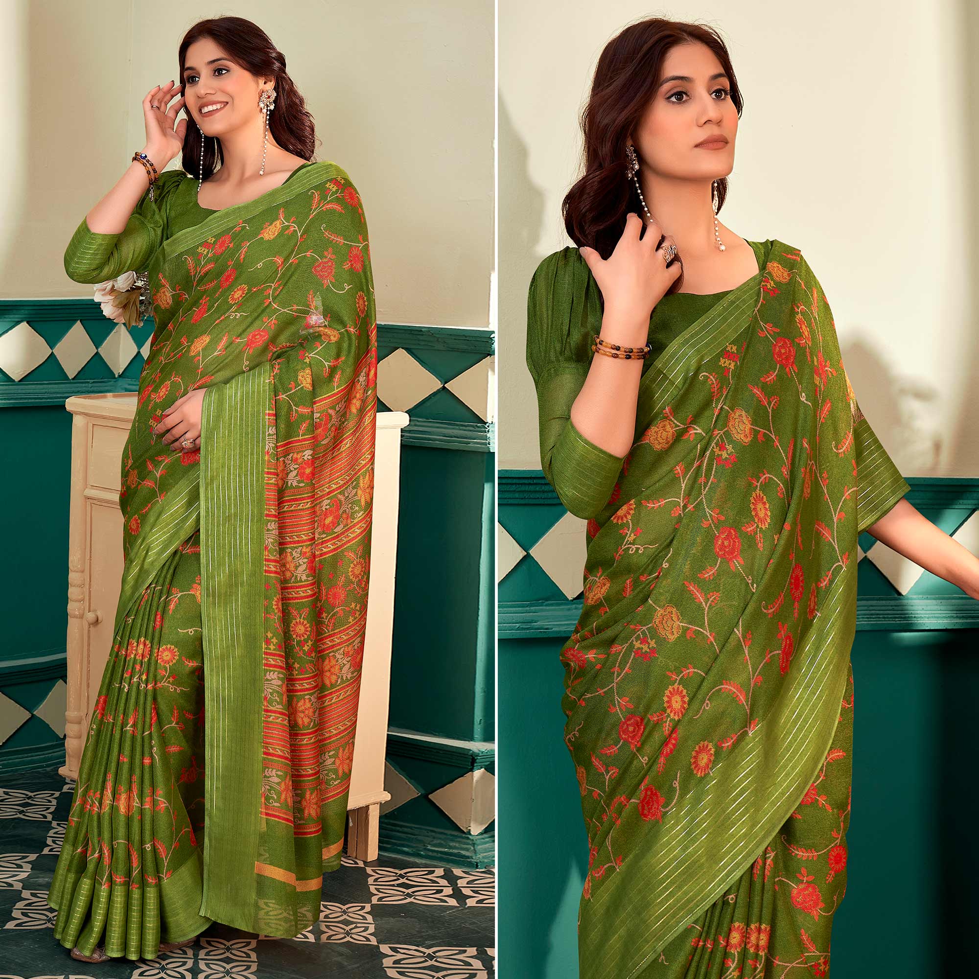 Peachmode Mehandi Green Floral Printed Linen Saree