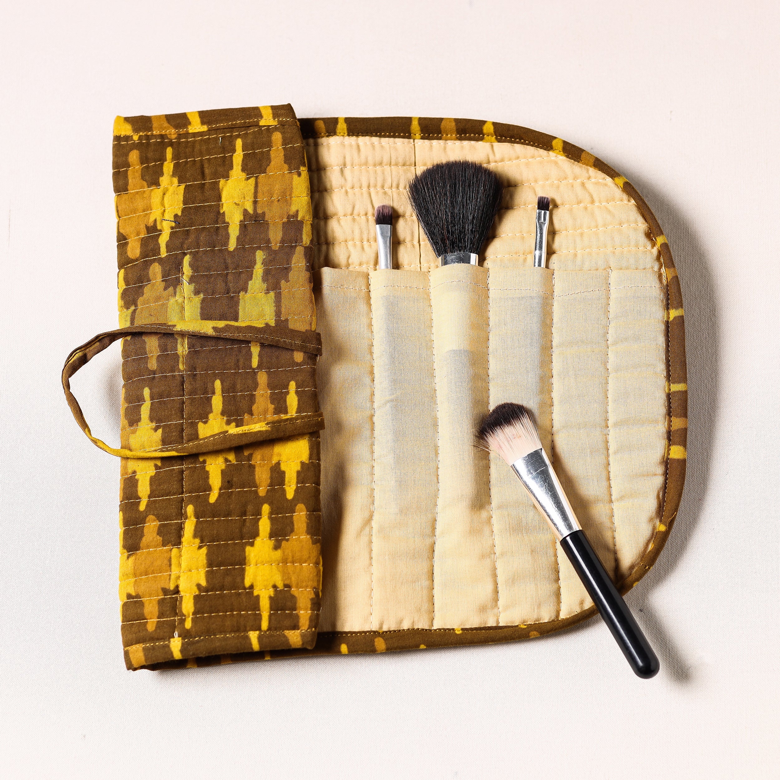 NOORI BAZAR Brown - Bagru Fabric Multipurpose Segmented Make-up Brush Wrap Pouch/Case