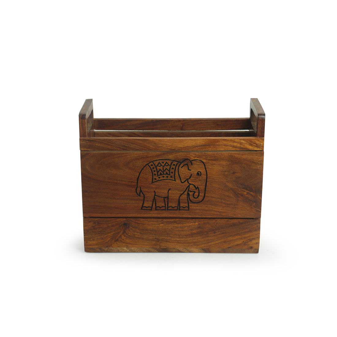 EXCLUSIVELANE 'The Elephant Warriors' Hand Carved Table Magazine Stand In Sheesham Wood - view 2