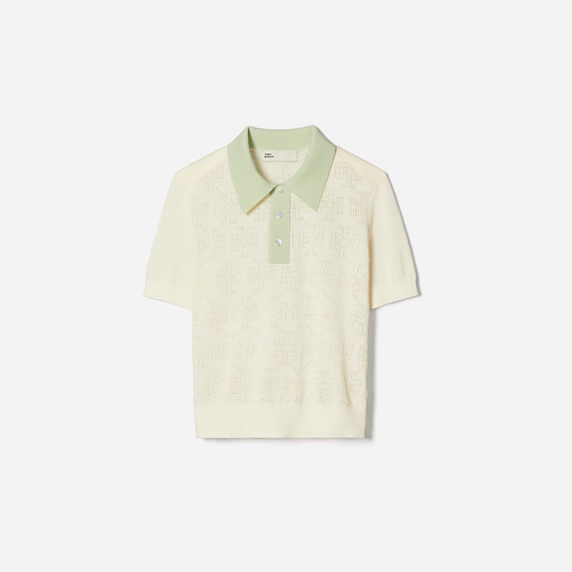 Tory Burch Cotton Pointelle Logo Polo New Ivory Light Peppermint