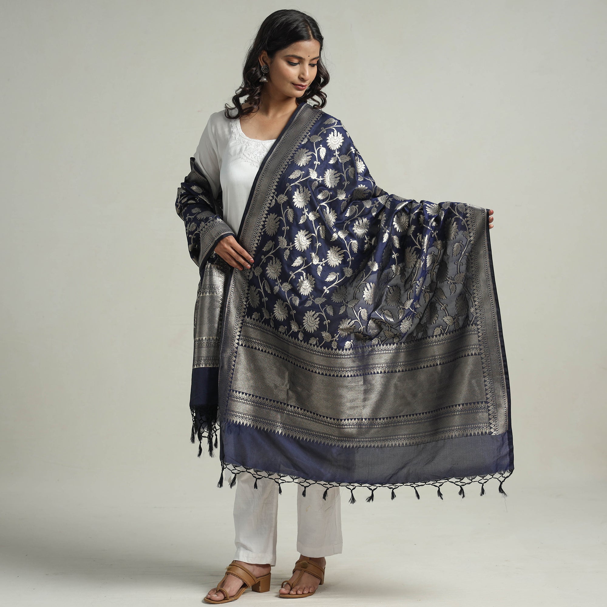 BANARASI BY MAQBUL HASAN Blue - Banarasi Semi Silk Zari Jaal Dupatta with Tassels 11