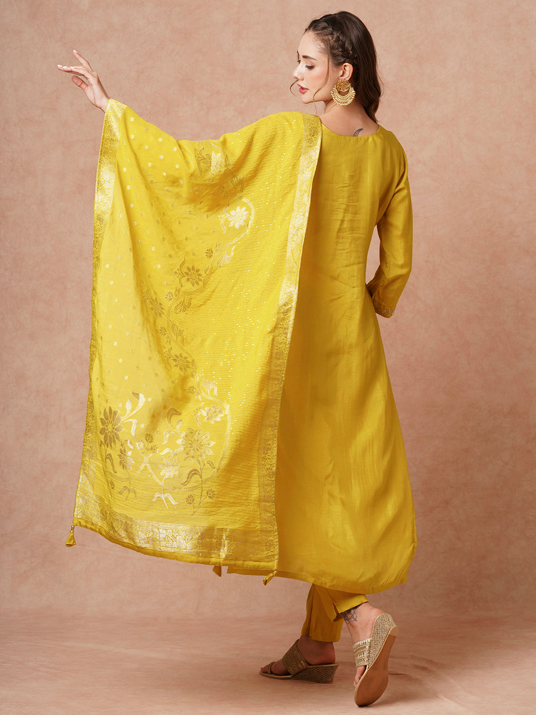 Fashor Solid Hand Embroidered Kurta with Pant & Woven Jacquard Dupatta - Mustard - view 6