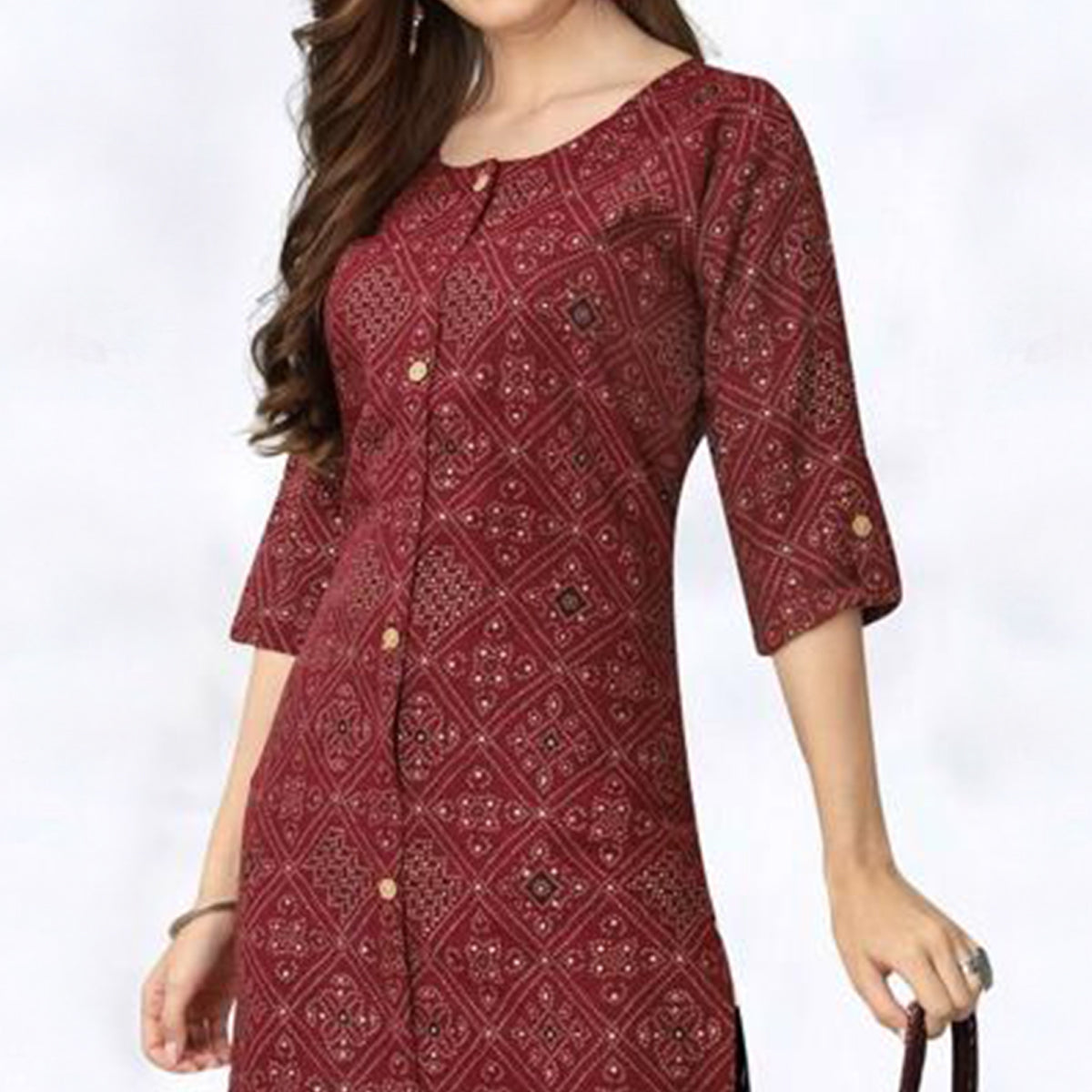 Peachmode Seller Maroon Foil Printed Rayon Kurti - view 3