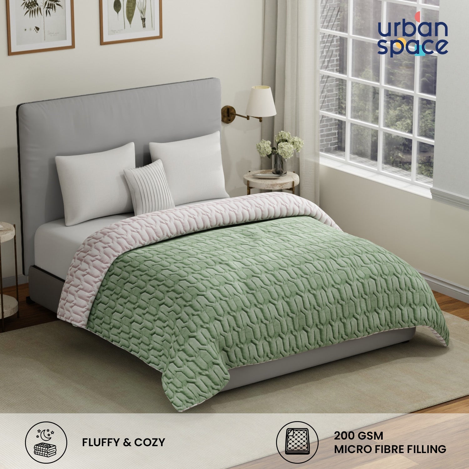 Urban Space -Home Furnishing Store Fluffy & Heavy 200 GSM Microfiber Reversible Quilted Winter Comforters - Sage Green & Blush - view 2