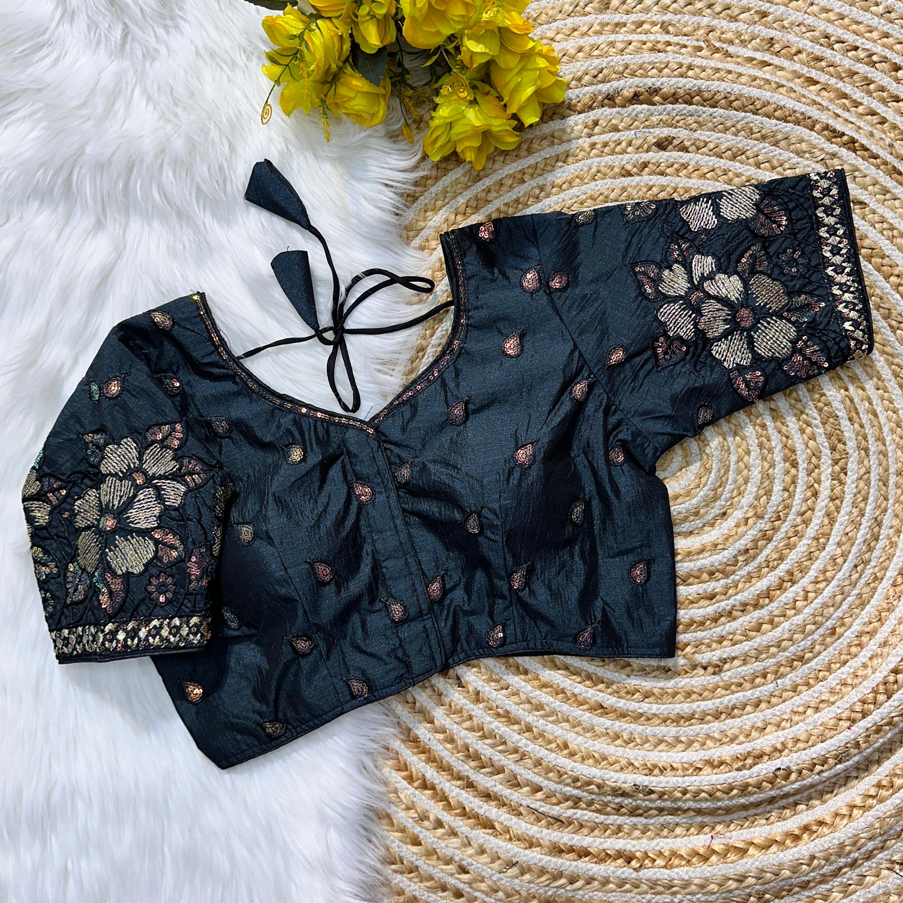 ClothsVilla Navy Blue Soft Silk Blouse with Beautiful Embroidery and Sequence Accents