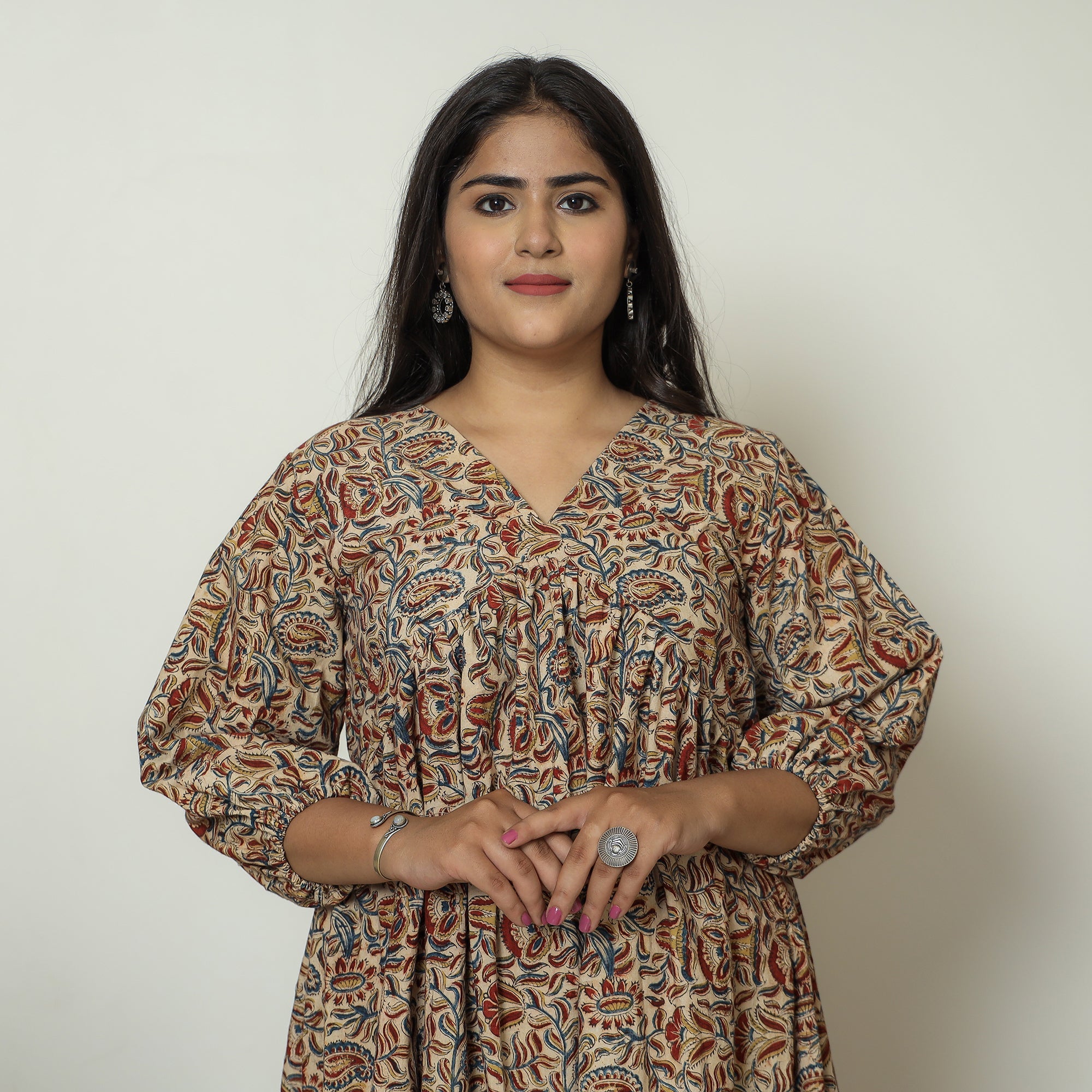 ITOKRI CASUALS Brown - Pedana Kalamkari Block Printed Cotton Flared Gher Dress 10