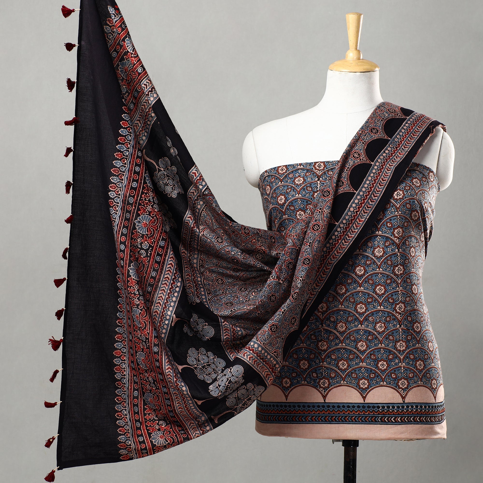 AJRAKH BY JABBAR KHATRI Blue - 3pc Ajrakh Block Printed Natural Dyed Cotton Suit Material Set 01