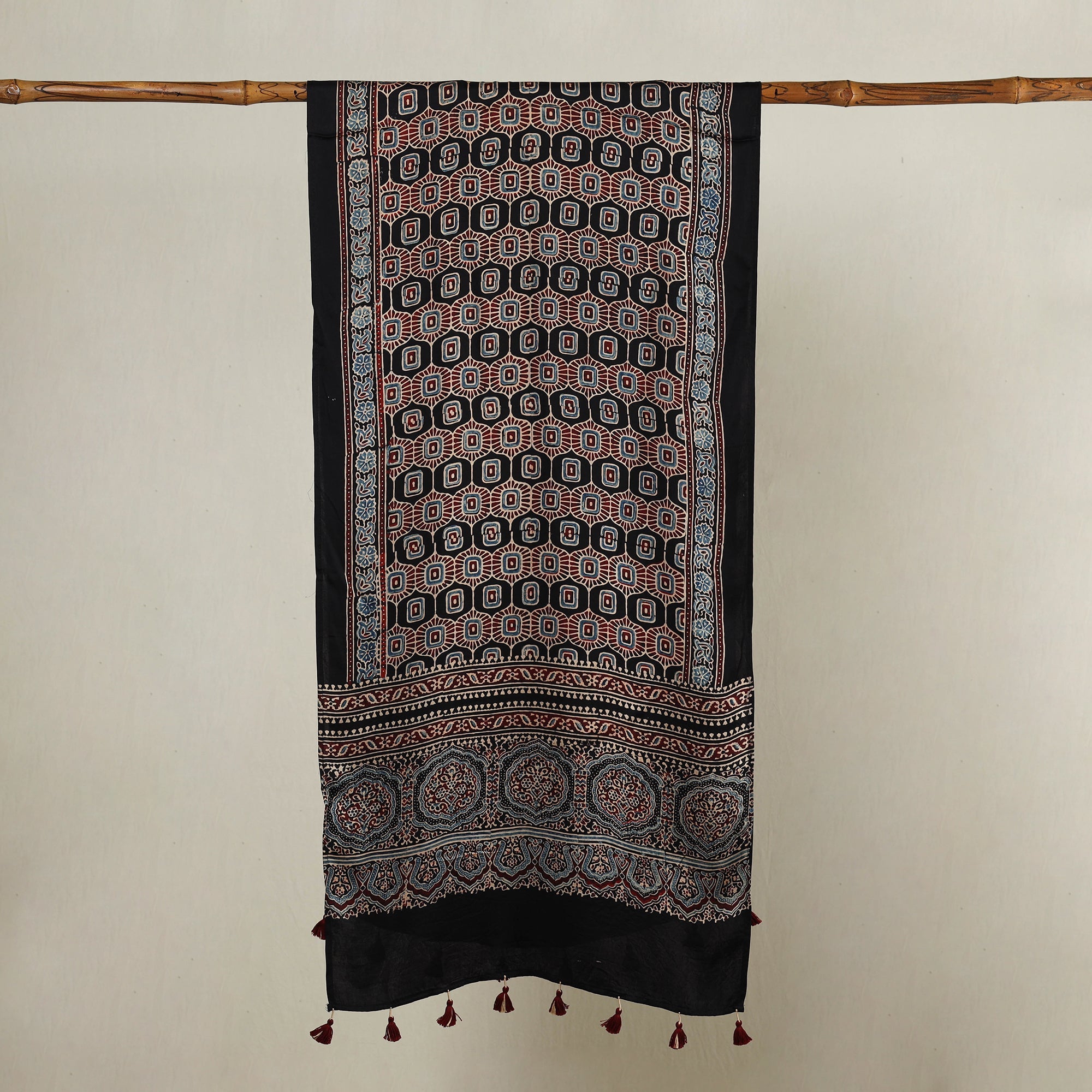 RIYAZ ABDULMAJID KHATRI - AJRAKH Black - Ajrakh Hand Block Printed Modal Silk Stole with Tassels - view 2