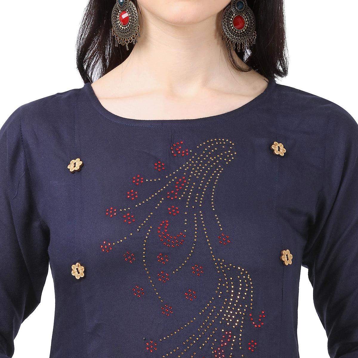 Peachmode Seller Majesty Navy Blue Colored Partywear Embellished Rayon Kurti - view 4