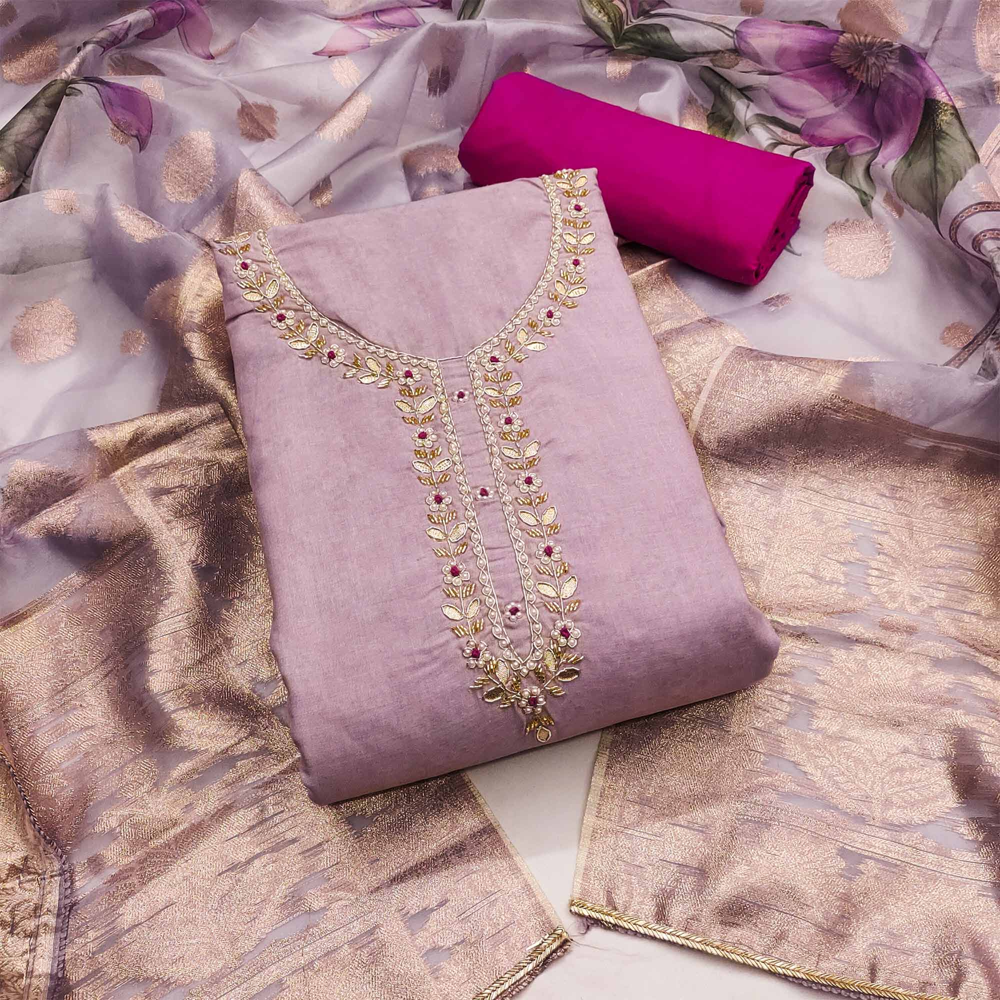 Peachmode Light lavender Floral Digital Printed With Handwork Pure Cotton Dress Material