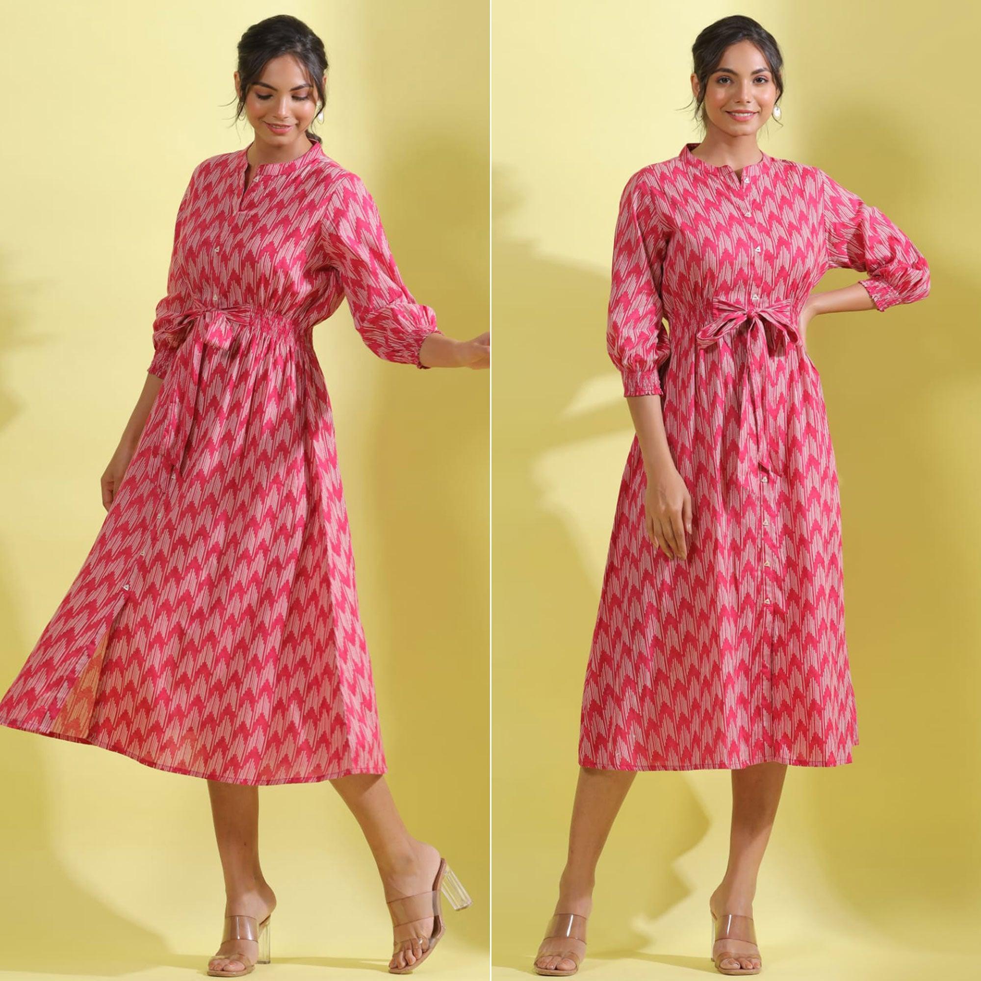 Peachmode Light Pink Printed Pure Cotton Dress