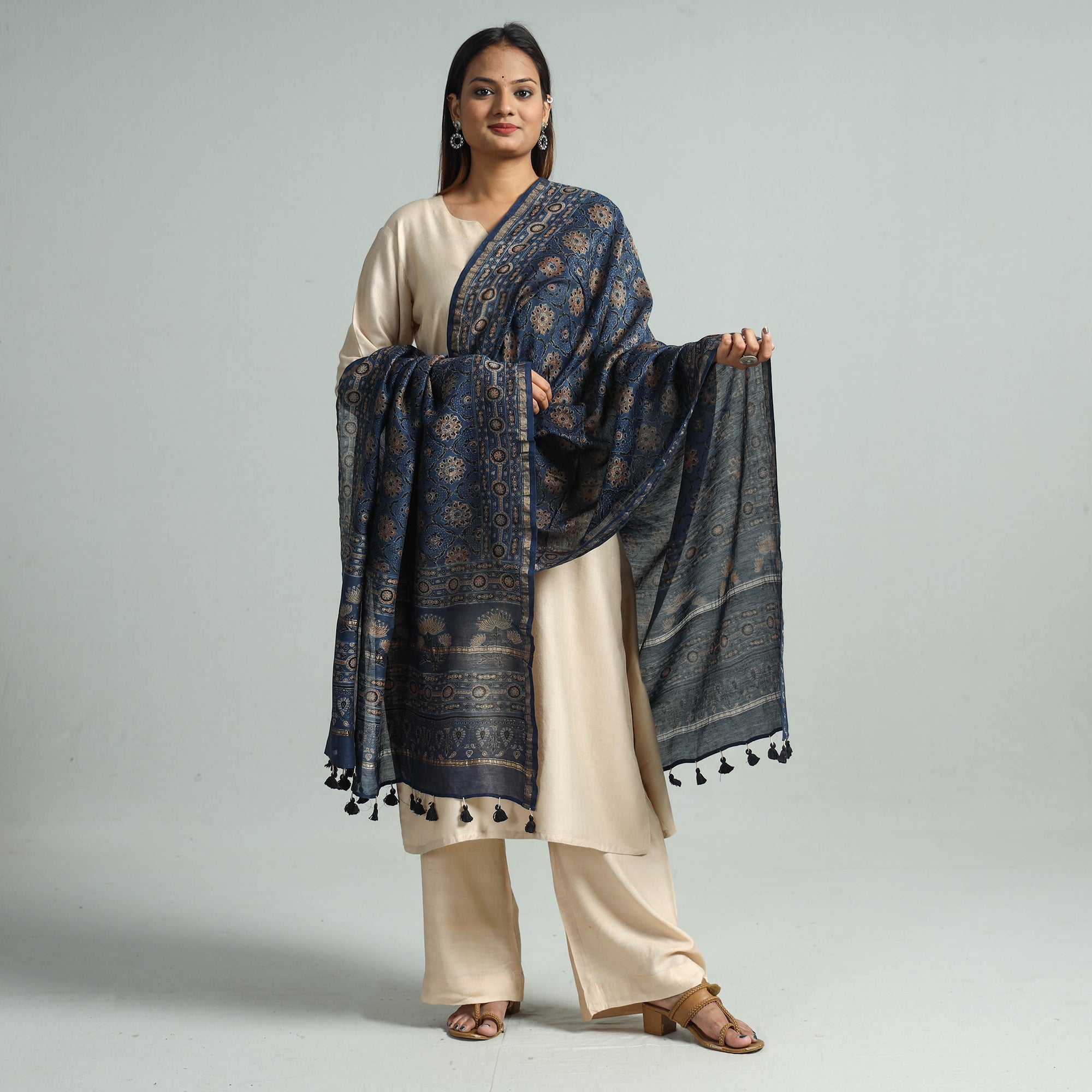 KACHCHH JI CHHAAP Blue - Hand Block Print Chanderi Silk Ajrakh Dupatta 55 - view 2