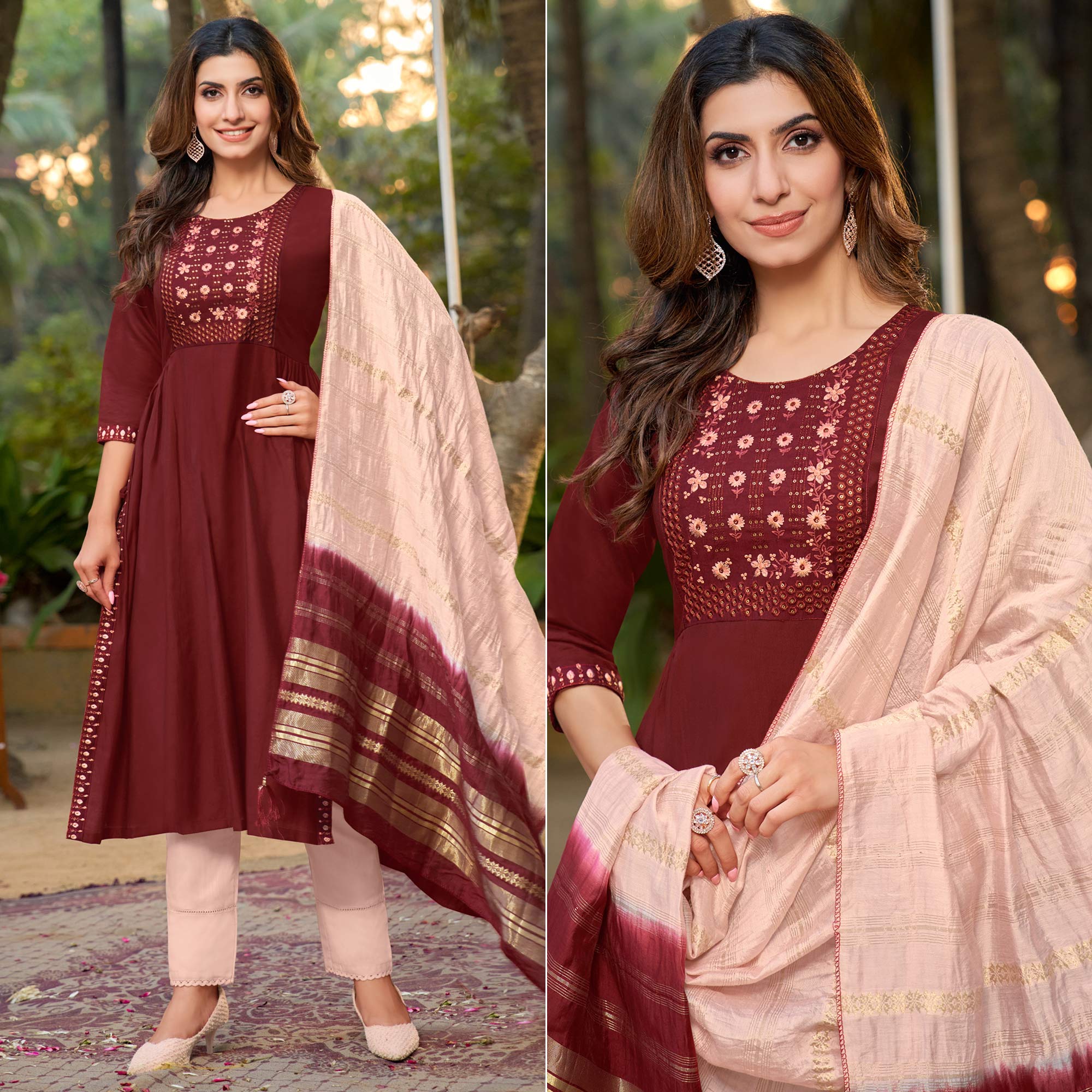 Peachmode Seller Maroon Floral Embroidered Pure Silk Naira Cut Suit