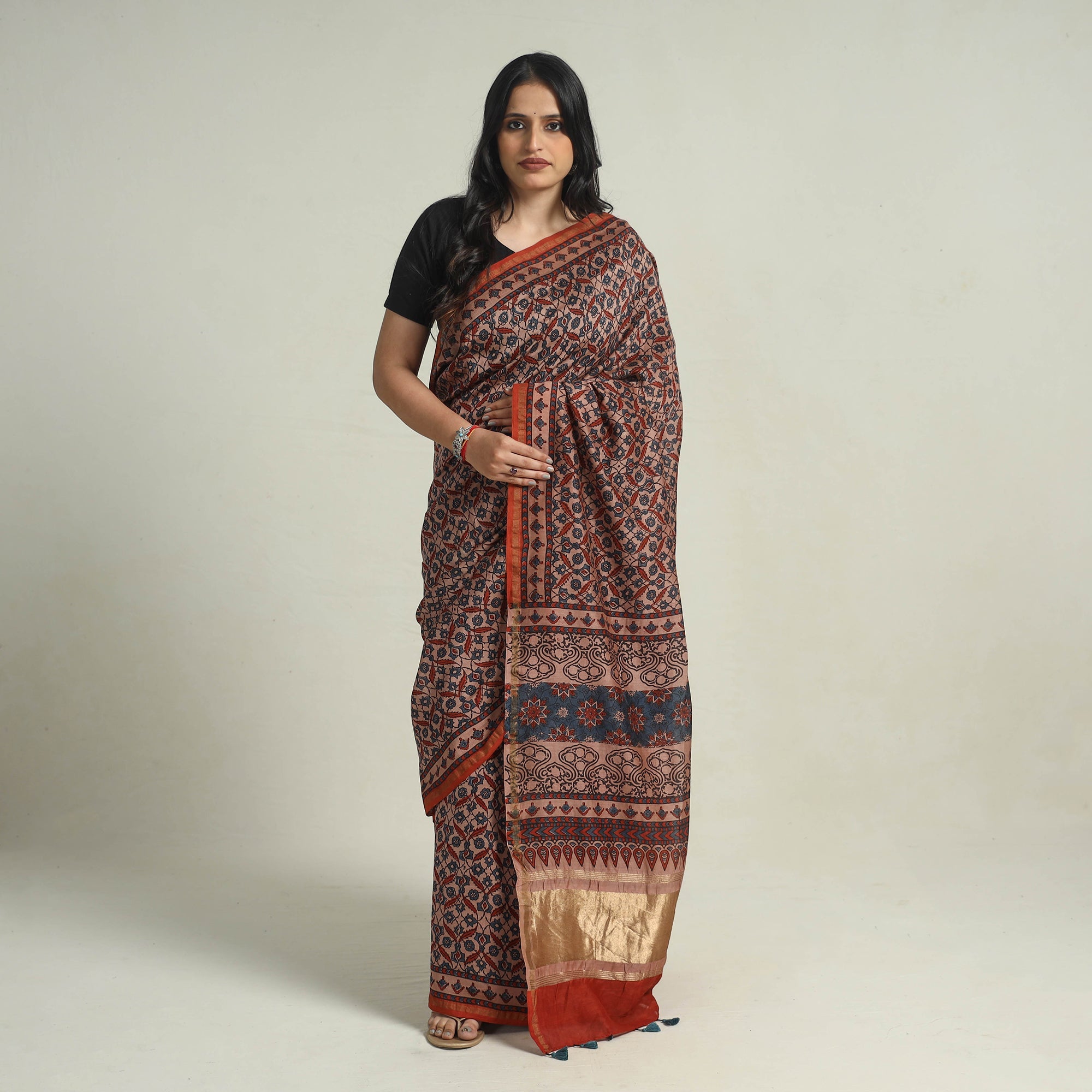 AJRAKH BY JABBAR KHATRI Brown - Chanderi Silk Block Printed Ajrakh Saree 01