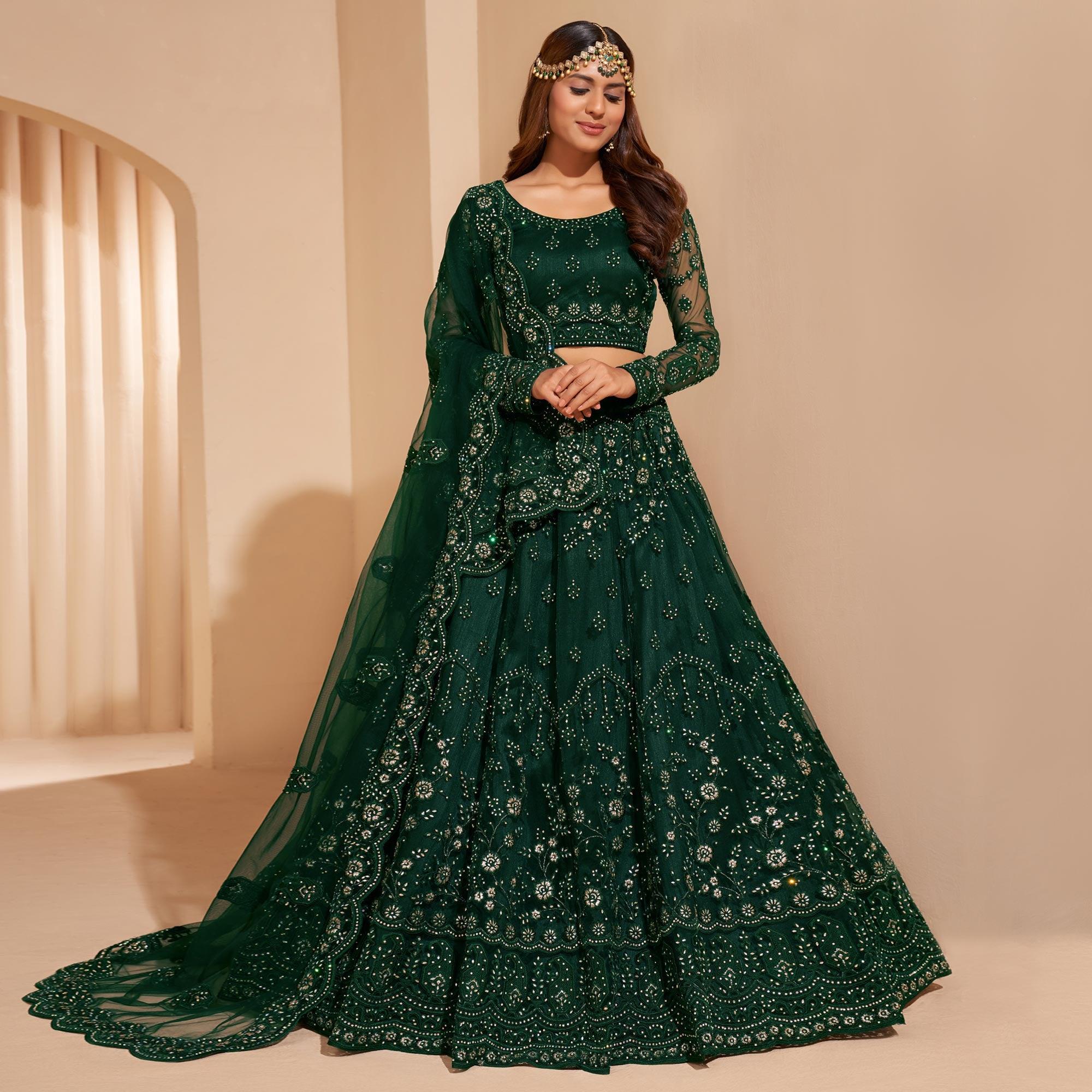 Peachmode Bottle Green Wedding Wear Embroidered With Embellished Net Lehenga Choli - view 2