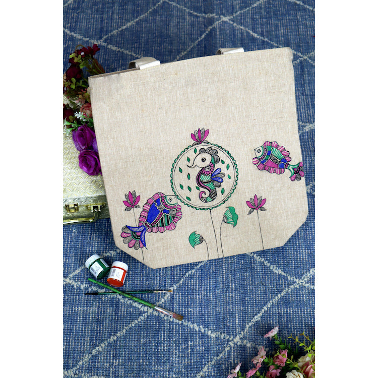 DIORAMA DESIGNS Beige - Handpainted Heritage Cotton Jute Tote Bag
