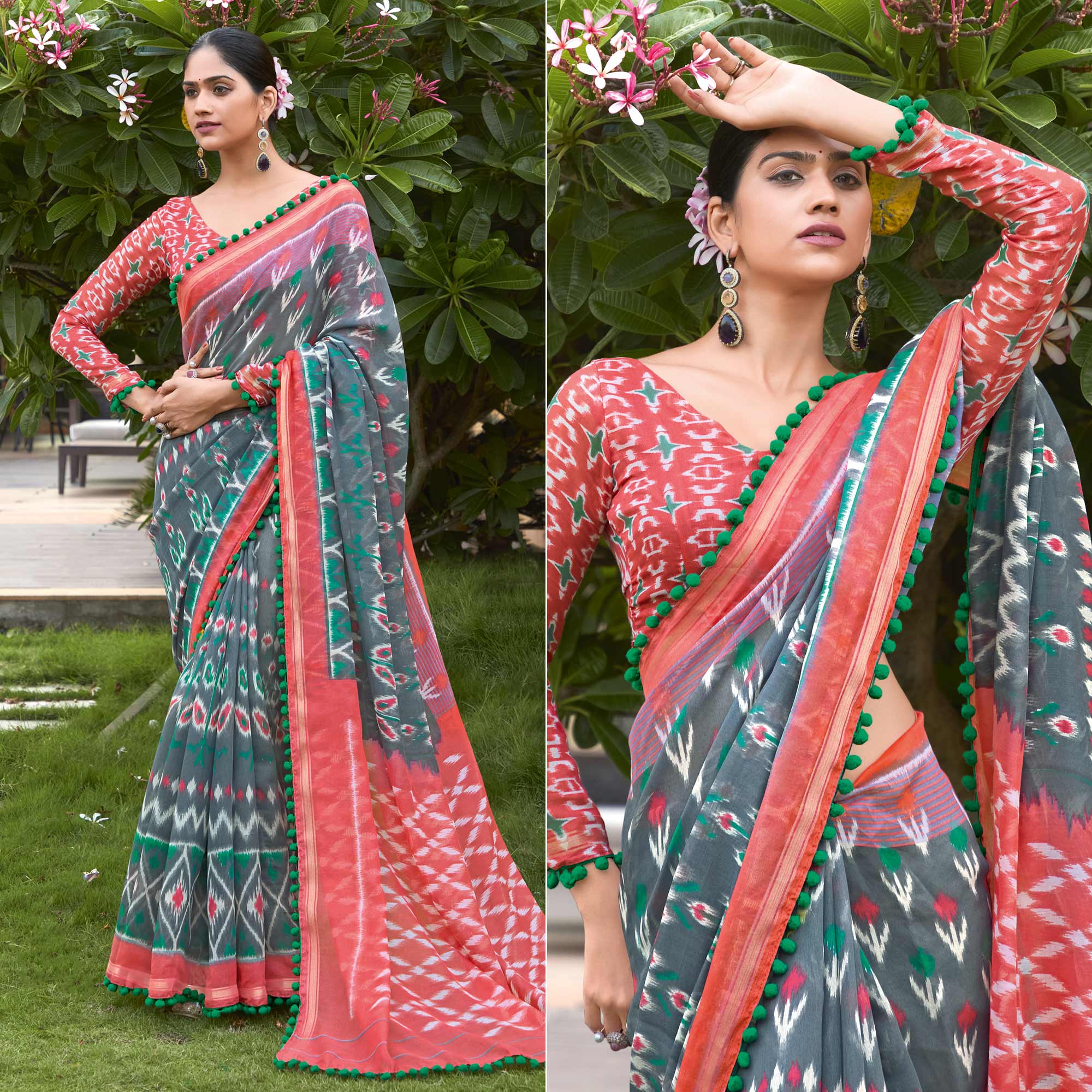 Peachmode Grey Printed Pure Cotton Saree With Pum Pum Border