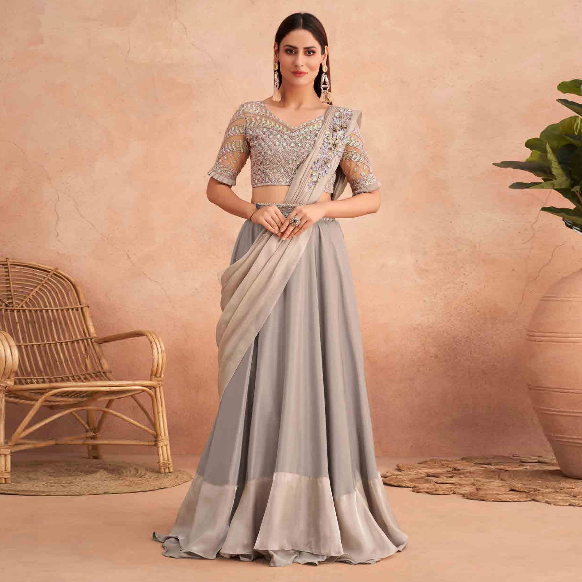 Peachmode Seller Light Grey Sequins Embroidered Ready to Wear Art Silk Saree - view 2