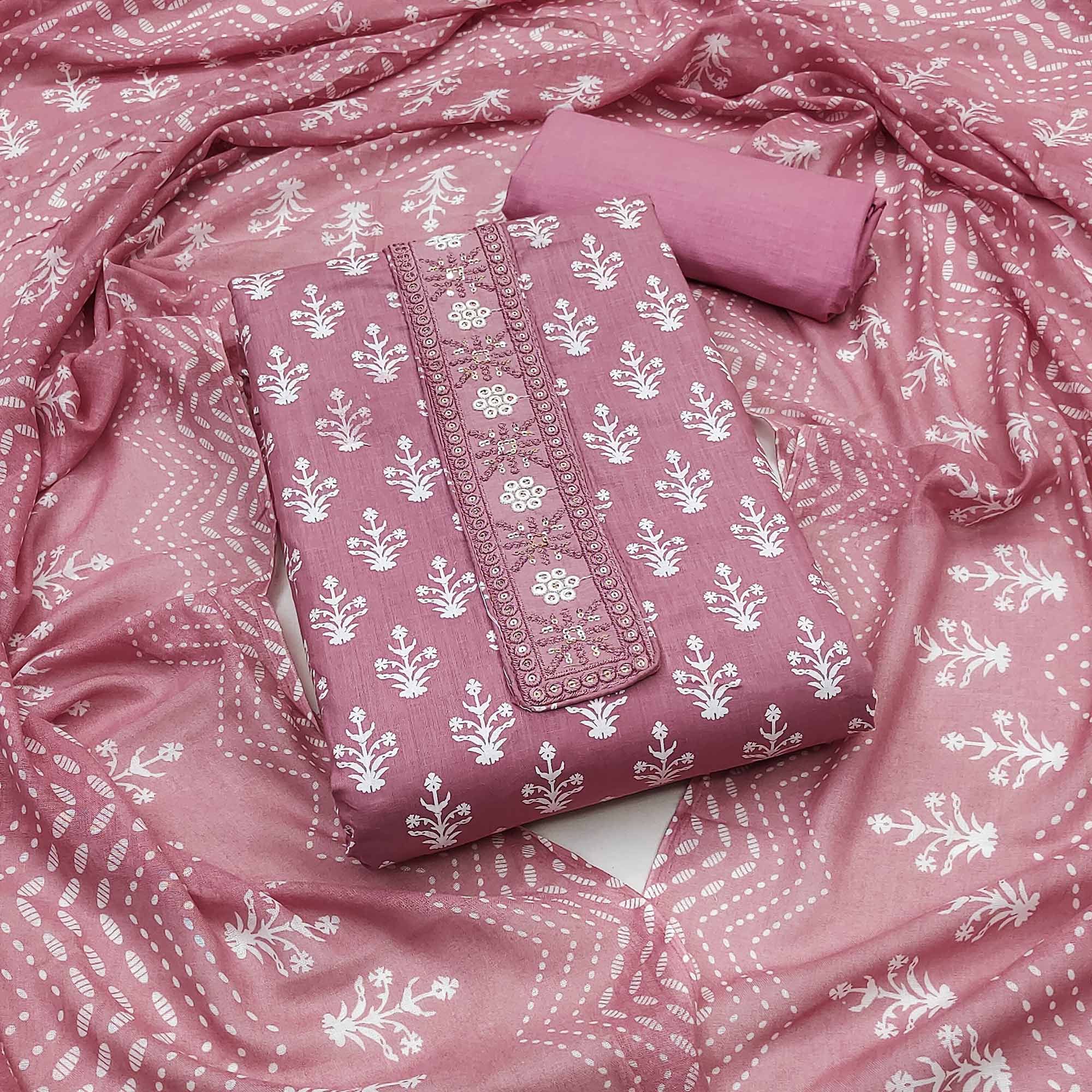 Peachmode Mauve Floral Printed With Embroidered Pure Cotton Dress Material