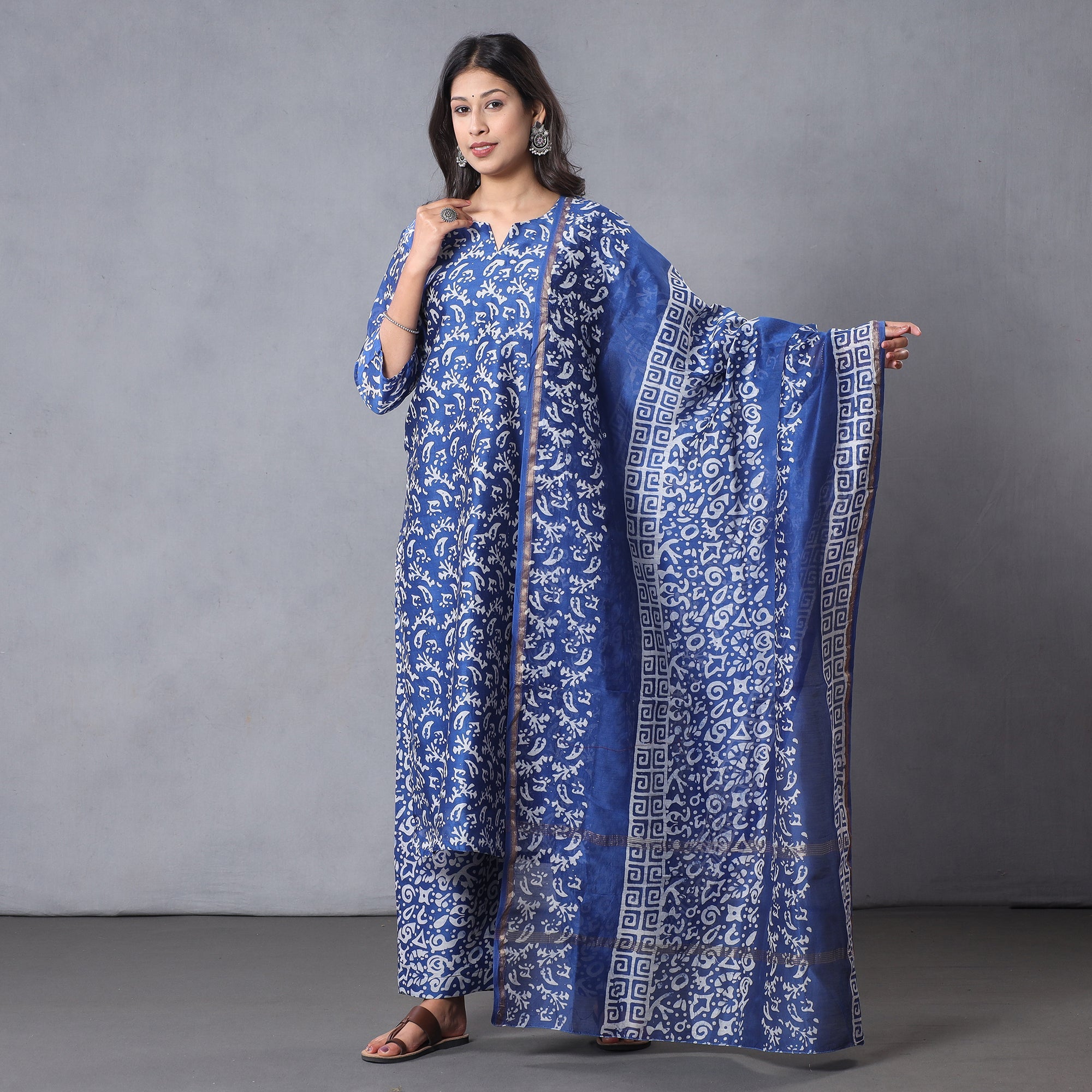 ITOKRI CASUALS Blue - Hand Batik Printing Chanderi Silk Kurta with Palazzo & Dupatta Set