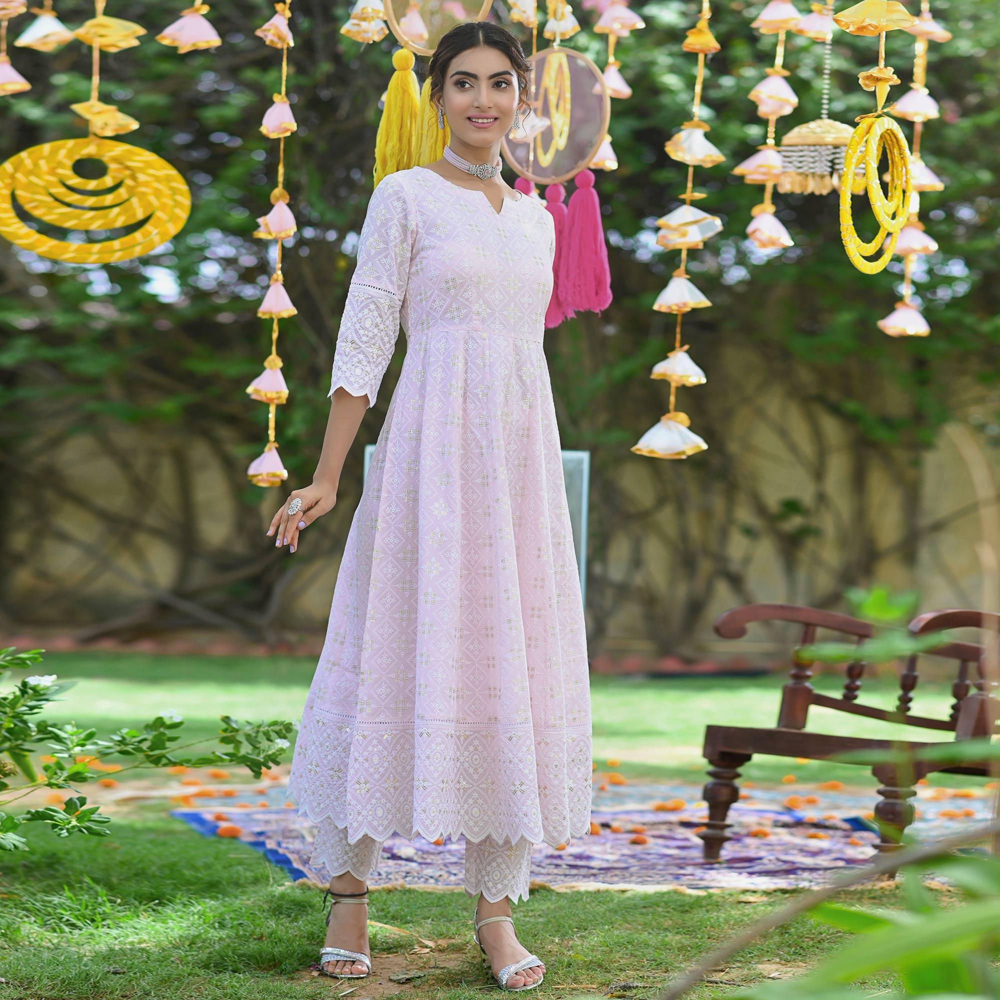 Peachmode Light Pink Lucknowi Embroidered Pure Cotton Anarkali Suit - view 5