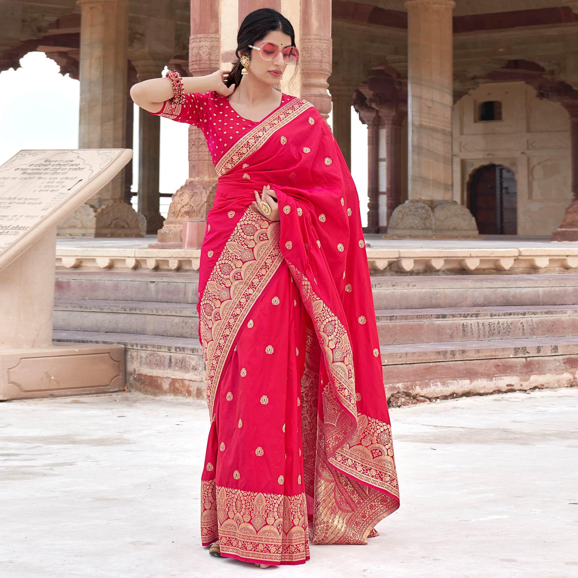 Peachmode Deep Pink Festive Wear Woven Banarasi Silk Saree