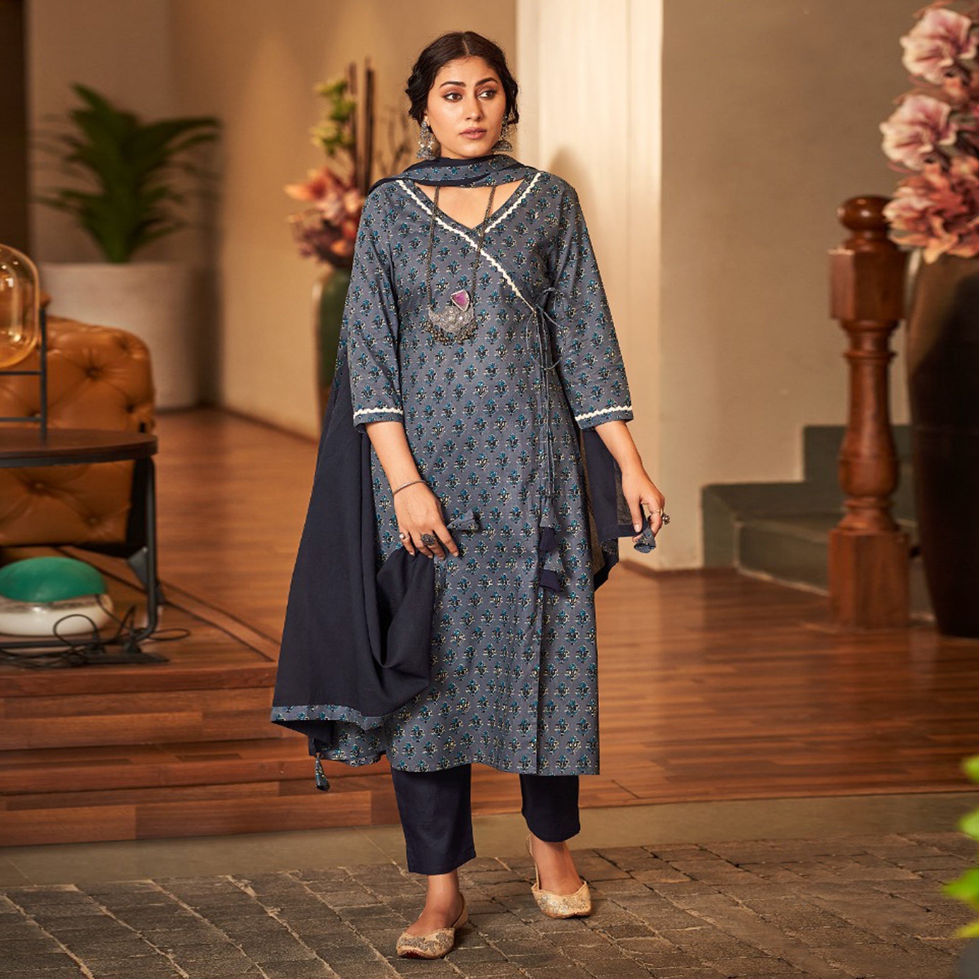 Grey suits – BlackTree grey-floral-printed-pure-cotton-angrakha-style-suit