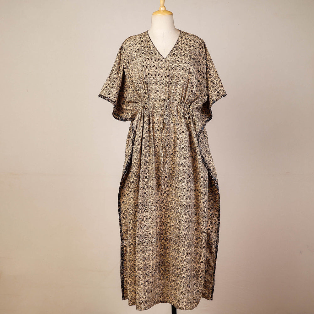 CHUTNEY CRAFT STUDIO Beige - Block Print Cotton Kalamkari Kaftan with Tie-Up Waist (Medium)