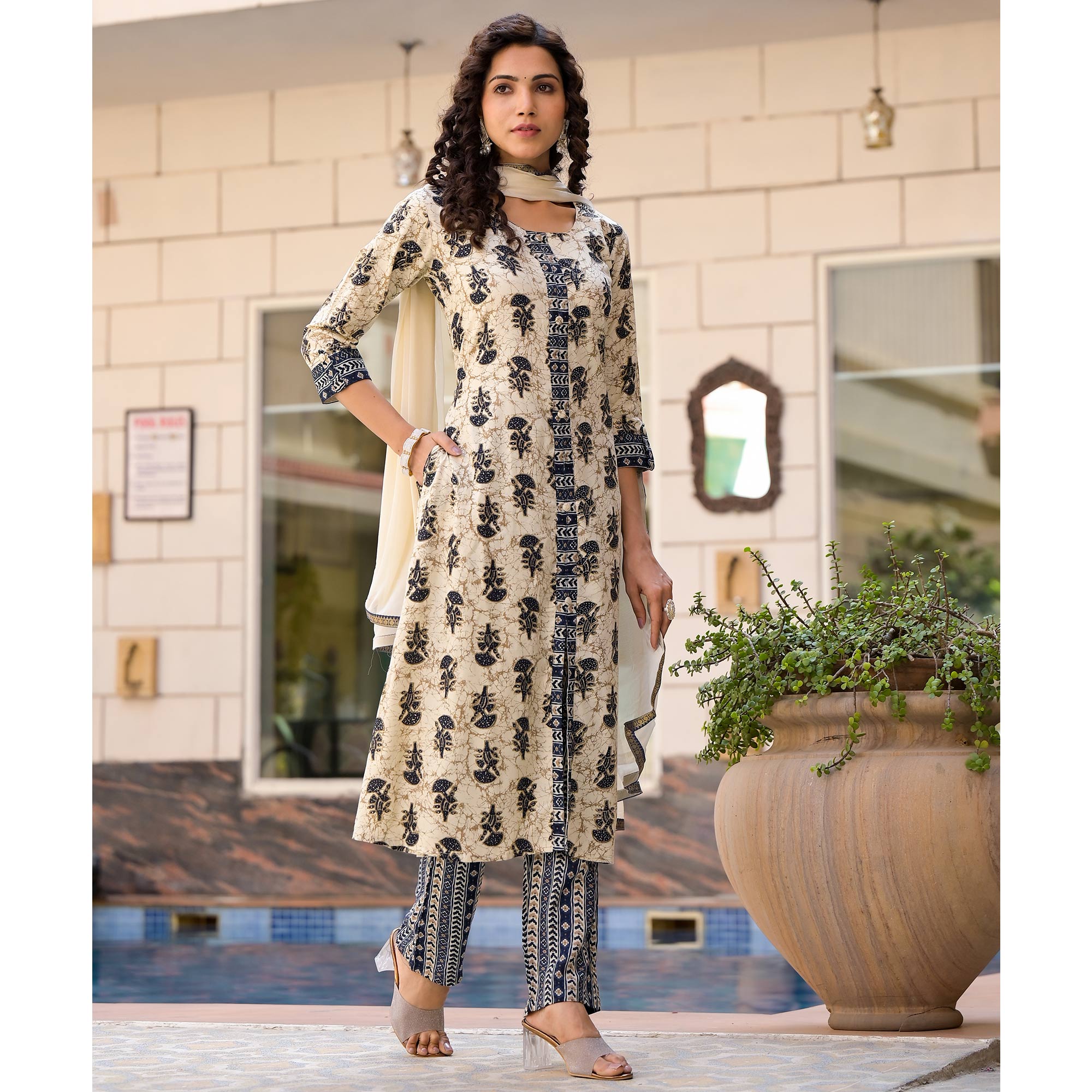 Peachmode Chikoo & Navy Blue Floral Foil Printed Rayon A-Line Salwar Suit - view 5