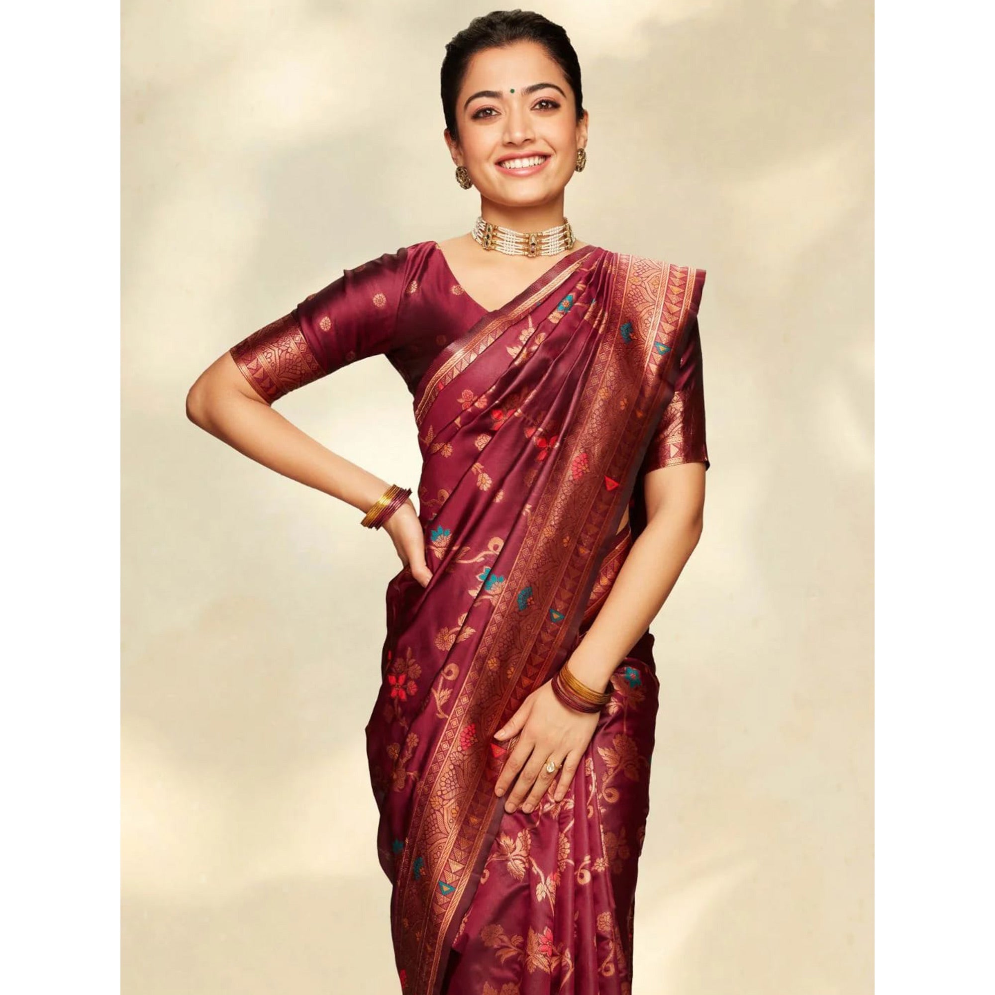 Peachmode Maroon Floral Woven Art Silk Saree – Women's - view 6