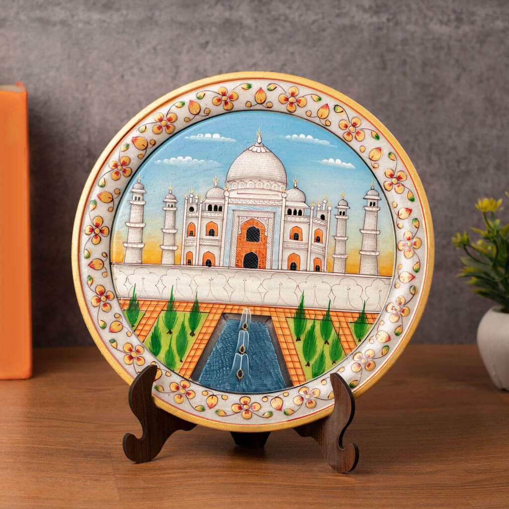 Indian Craft Hand Painted Taj Mahal Decorative Plate With Stand
