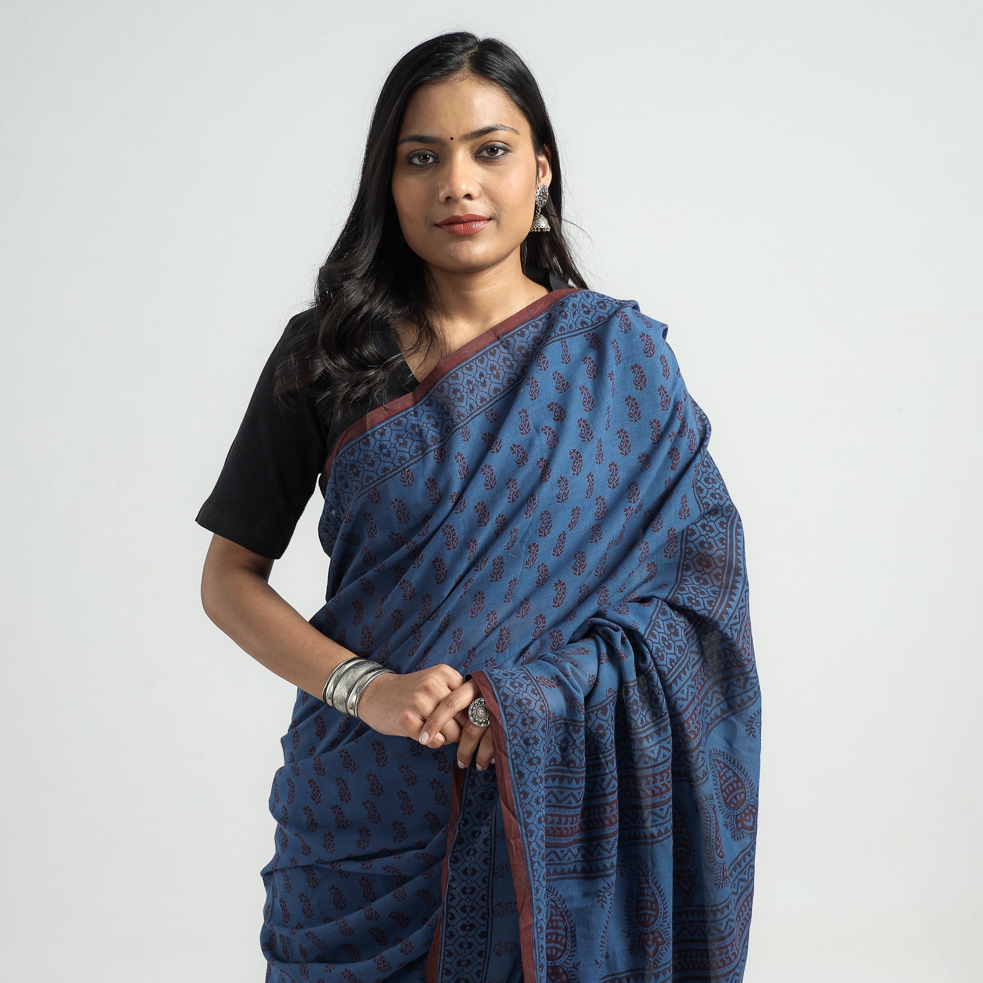 BAGH PRINTS BY YAKOOB KHATRI Blue - Bagh Hand Block Printed Cotton Saree - view 4
