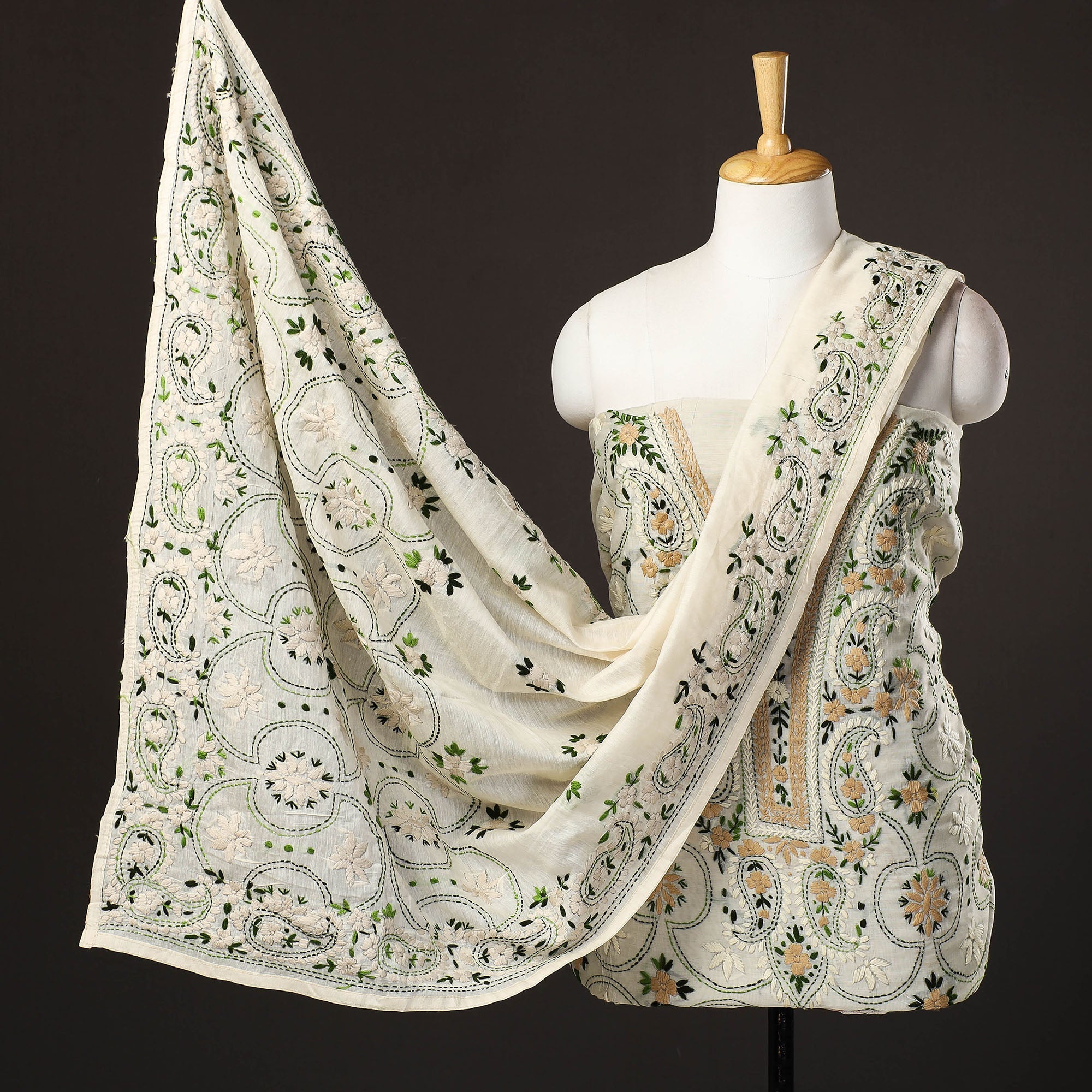 ITOKRI CRAFTS INITIATIVE Beige - 3pc Hand Embroidery Silk Cotton Phulkari Dress Material 07