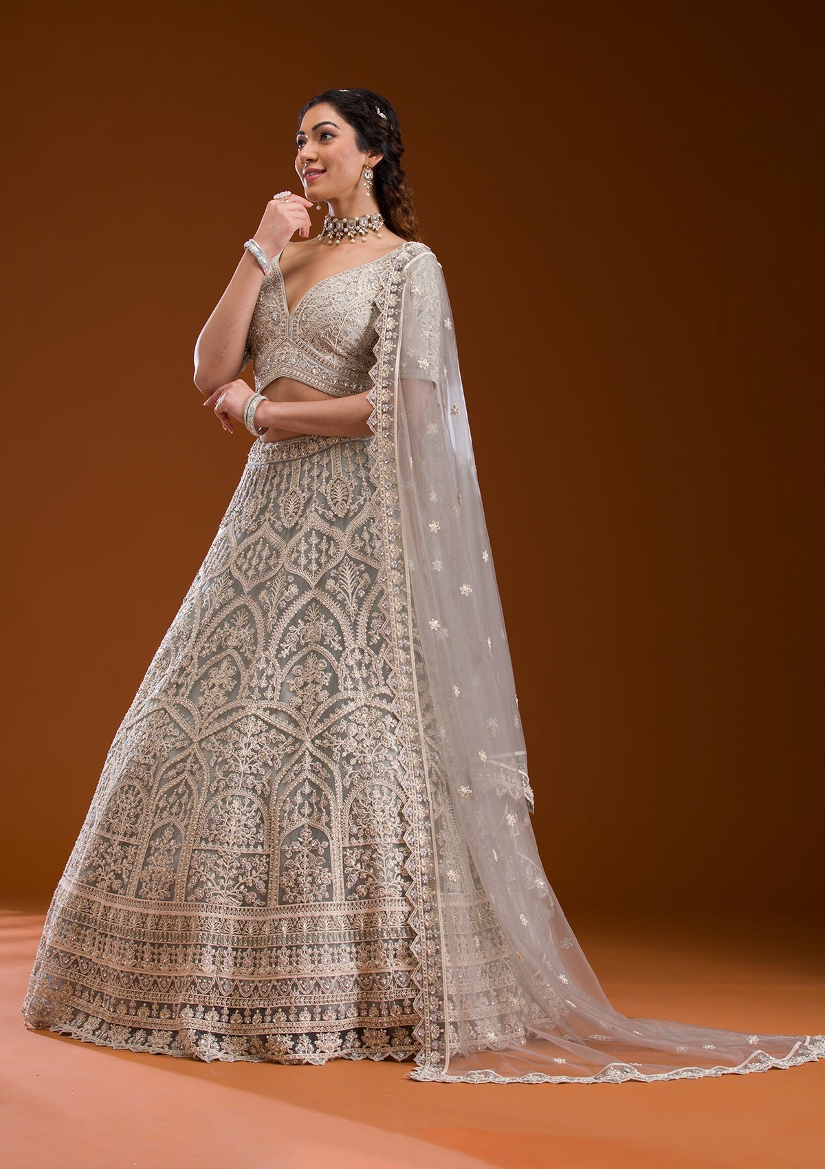 Koskii Grey Pearlwork Net Readymade Lehenga – Women's