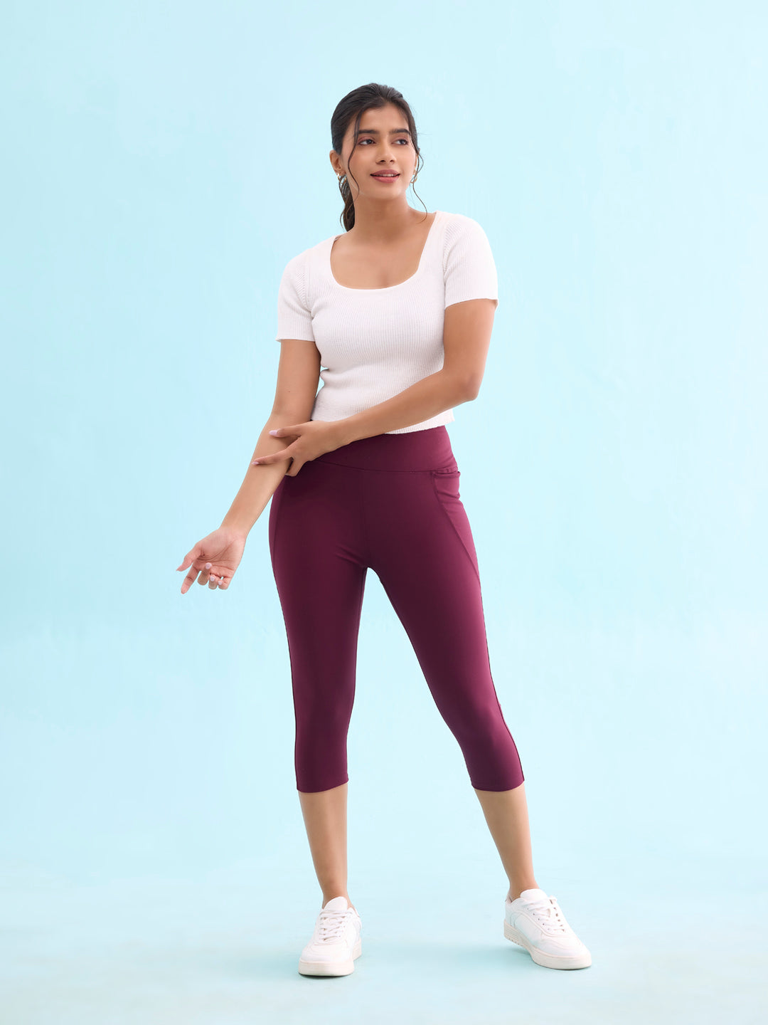 Go Colors Women Solid Maroon High Rise Training Capri