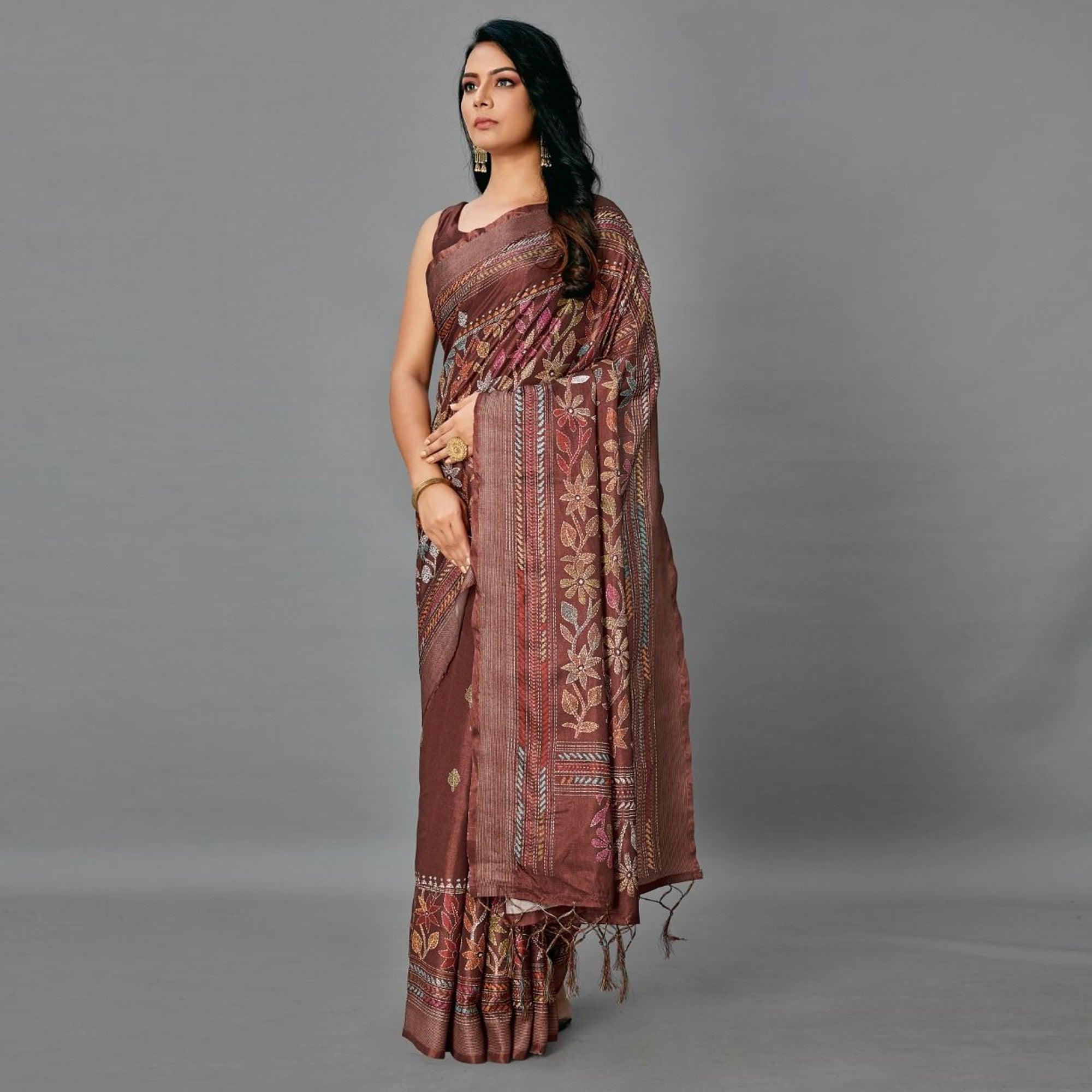 Peachmode Brown Casual Art Silk Printed Saree With Unstitched Blouse - view 2