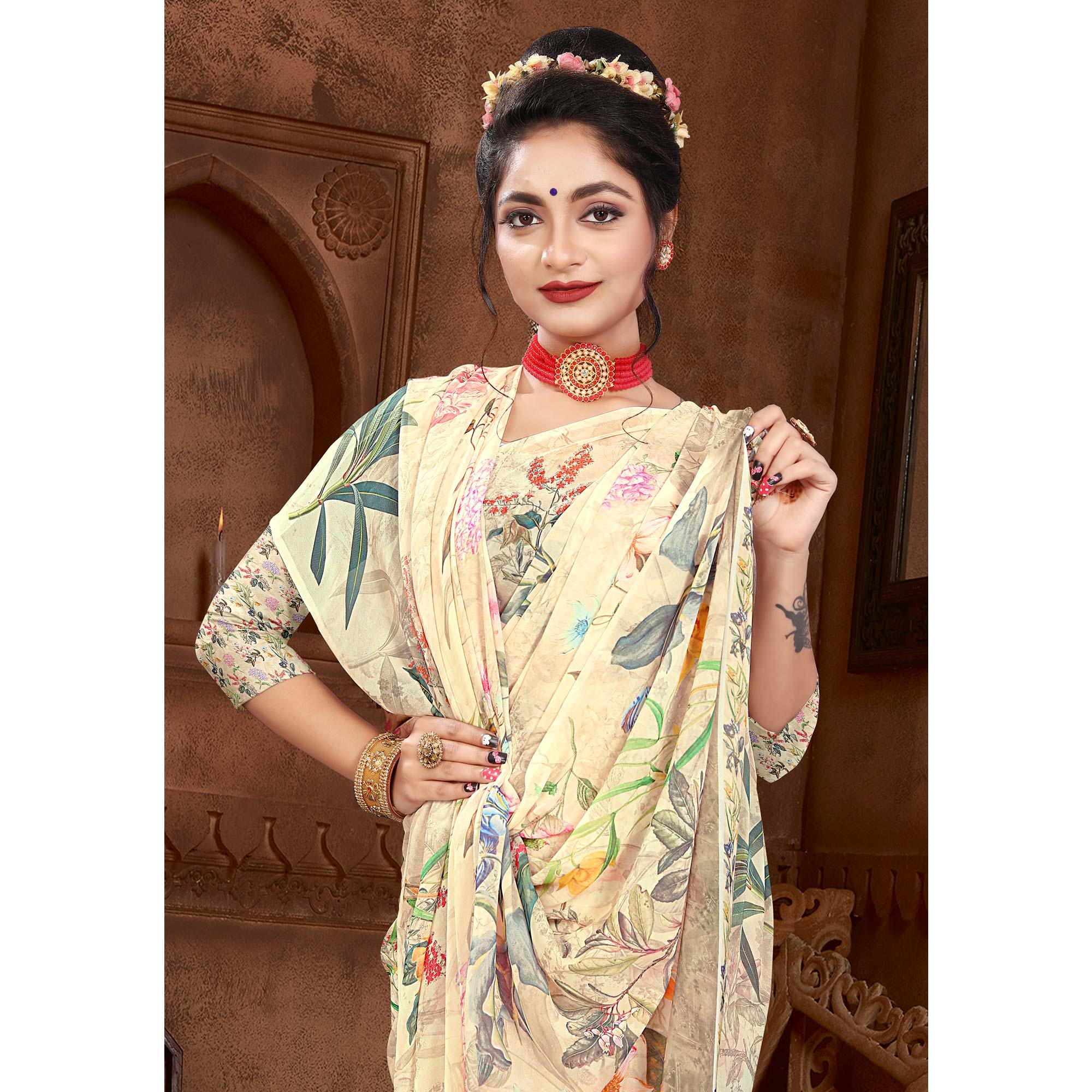 Peachmode Cream Digital Printed Georgette Saree - view 4