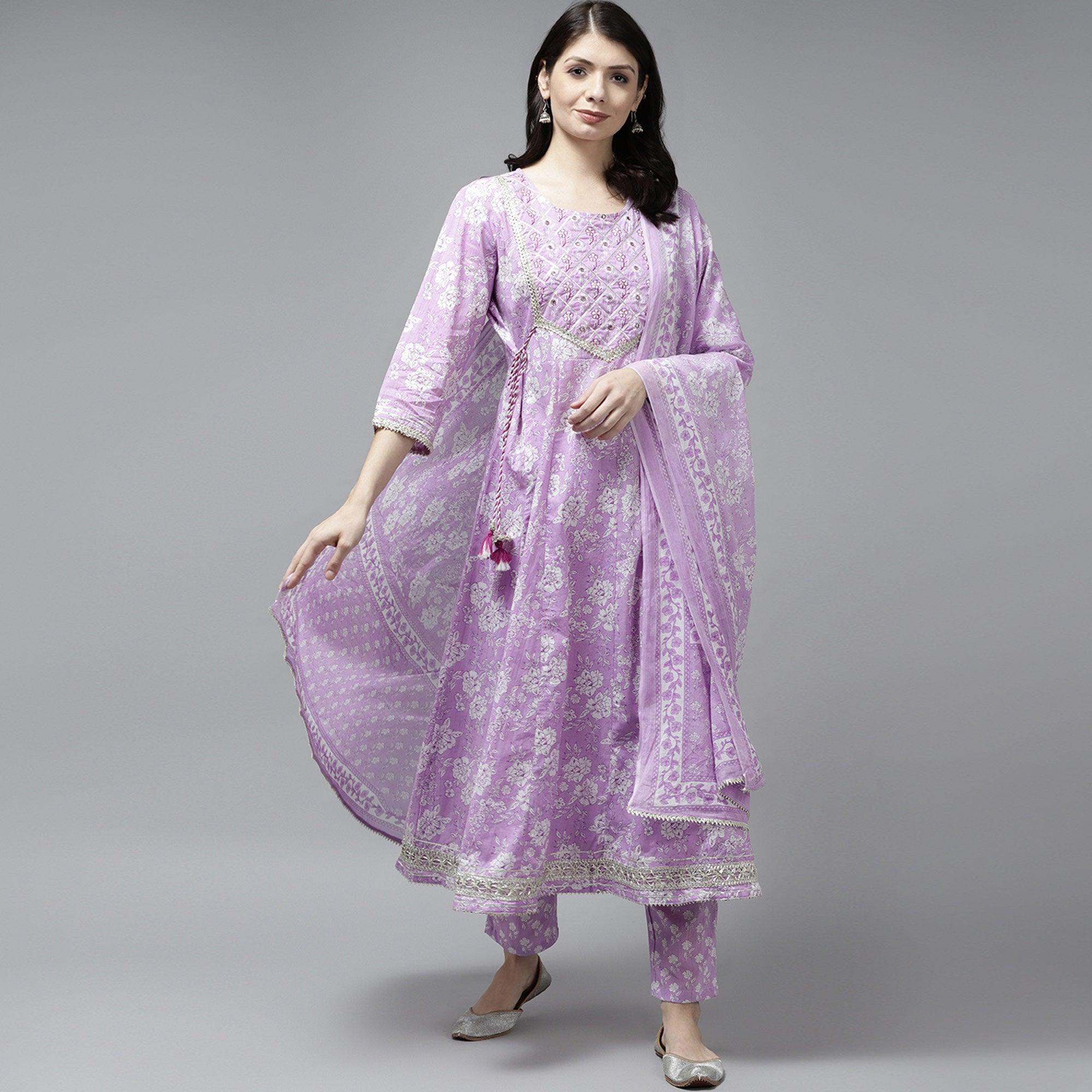 Peachmode Lavender Floral Printed Pure Cotton Anarkali Suit - view 2