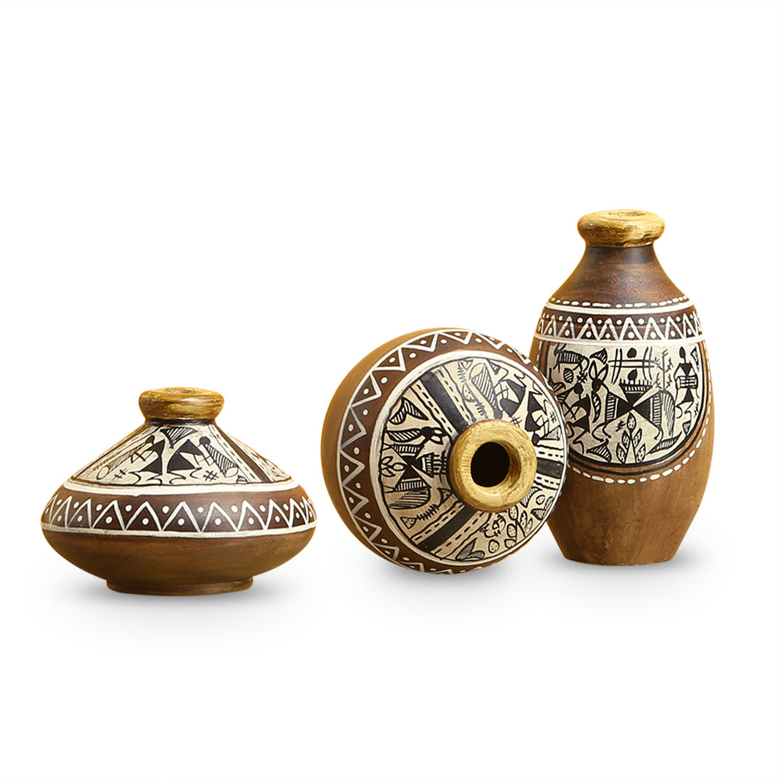 EXCLUSIVELANE 'Three Little Terracotta Pots Showpieces' with Warli Handpainted In Natural Mud Brown (Set Of 3) - view 3