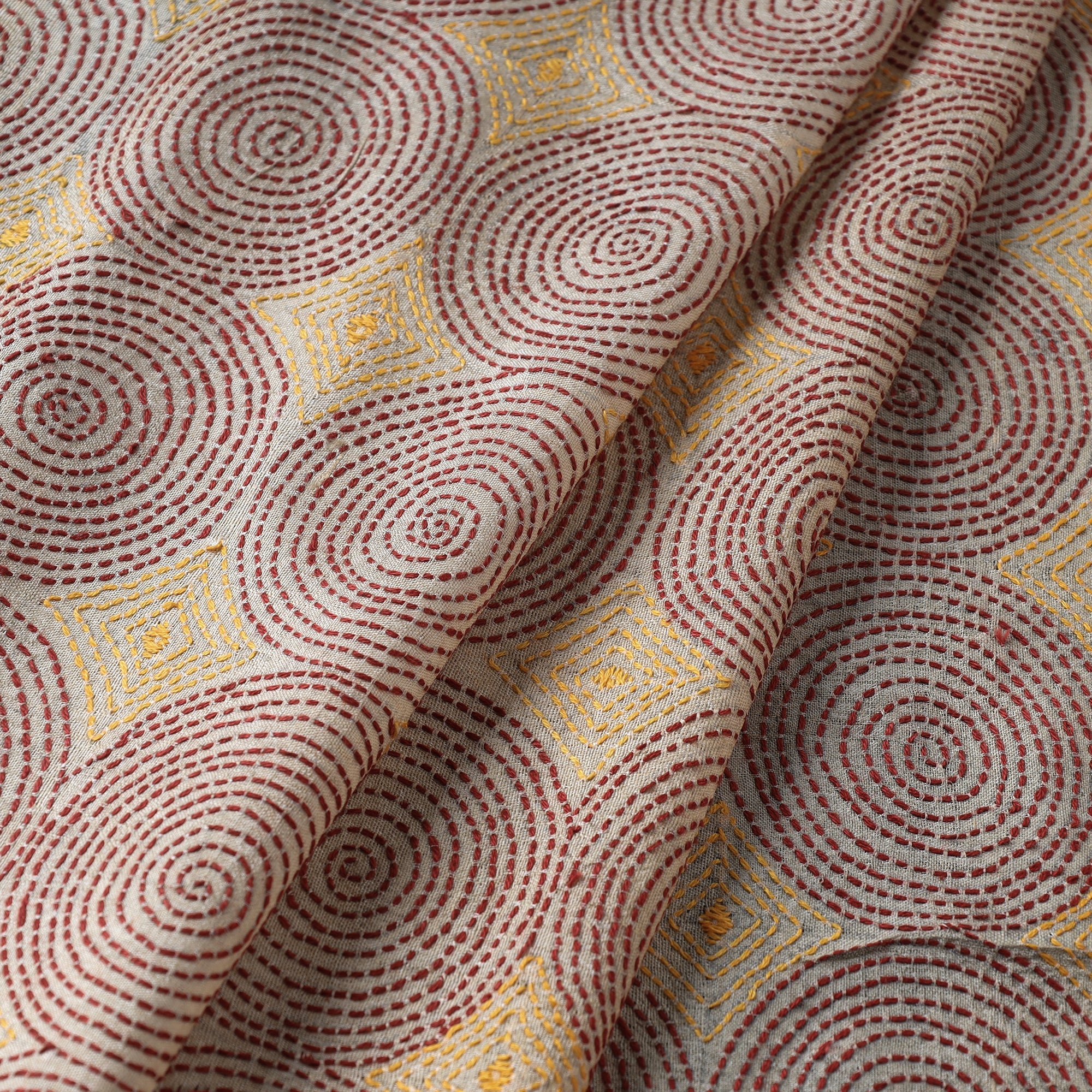 KHUSHBASH - HAPPY LOOM OF EAST Beige - Bengal Kantha Work Pure Tussar Silk Handloom Fabric - view 2