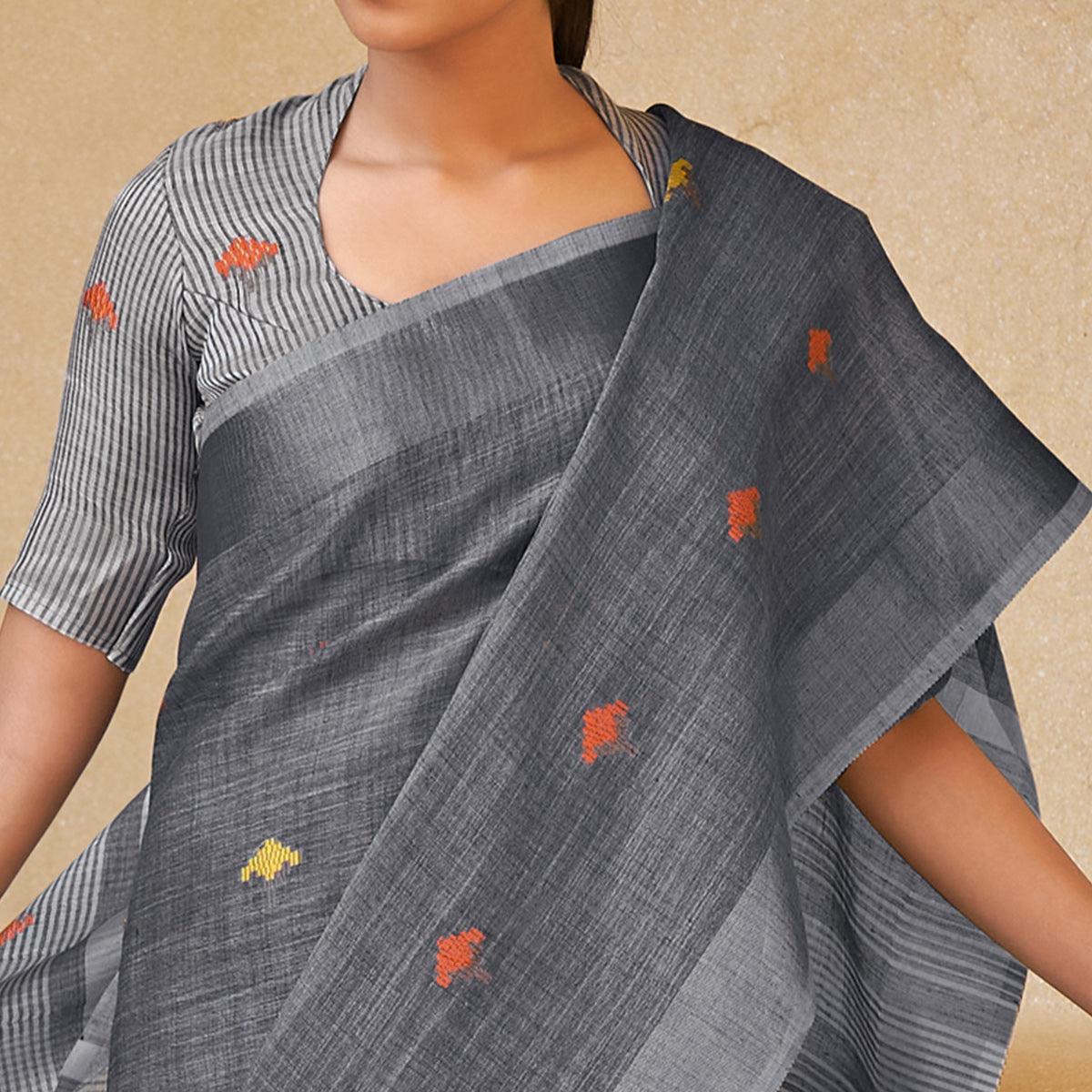 BlackTree grey-casual-wear-embroidered-linen-saree-132579 - view 2
