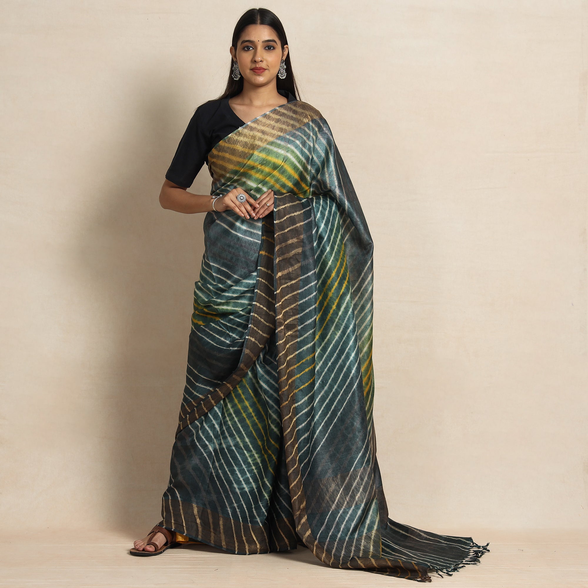 LEHARIYA BY BADSHAH MIYAN Black - Leheriya Tie-Dye Tussar Silk Handloom Saree