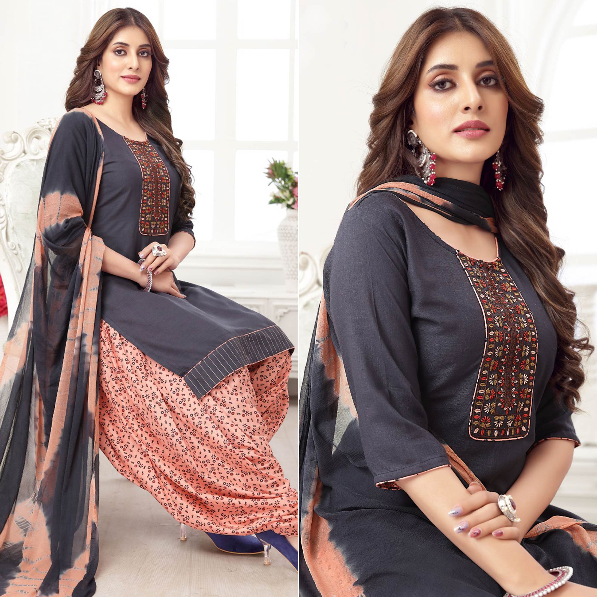 Peachmode Seller Dark Grey Embroidered Rayon Patiala Suit