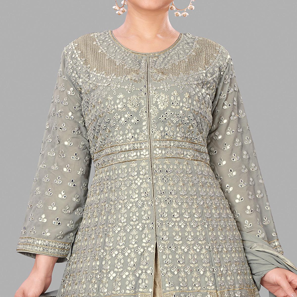 Peachmode Seller Grey Partywear Embroidered Heavy Faux Georgette A line Anarkali suit - view 5